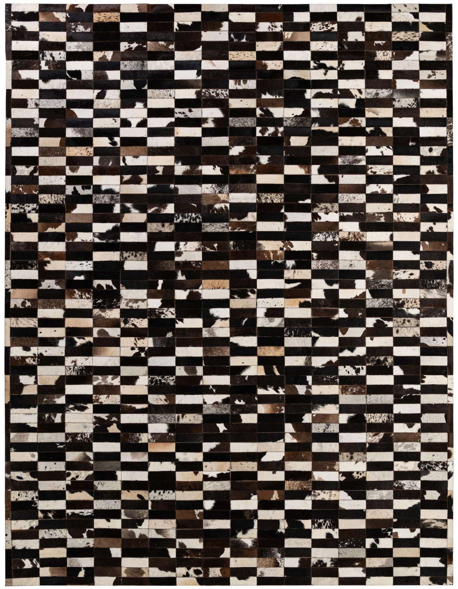 A rectangular 8x10 modern cowhide rug featuring a patchwork of multi-colored black, brown, and white squares and rectangles.