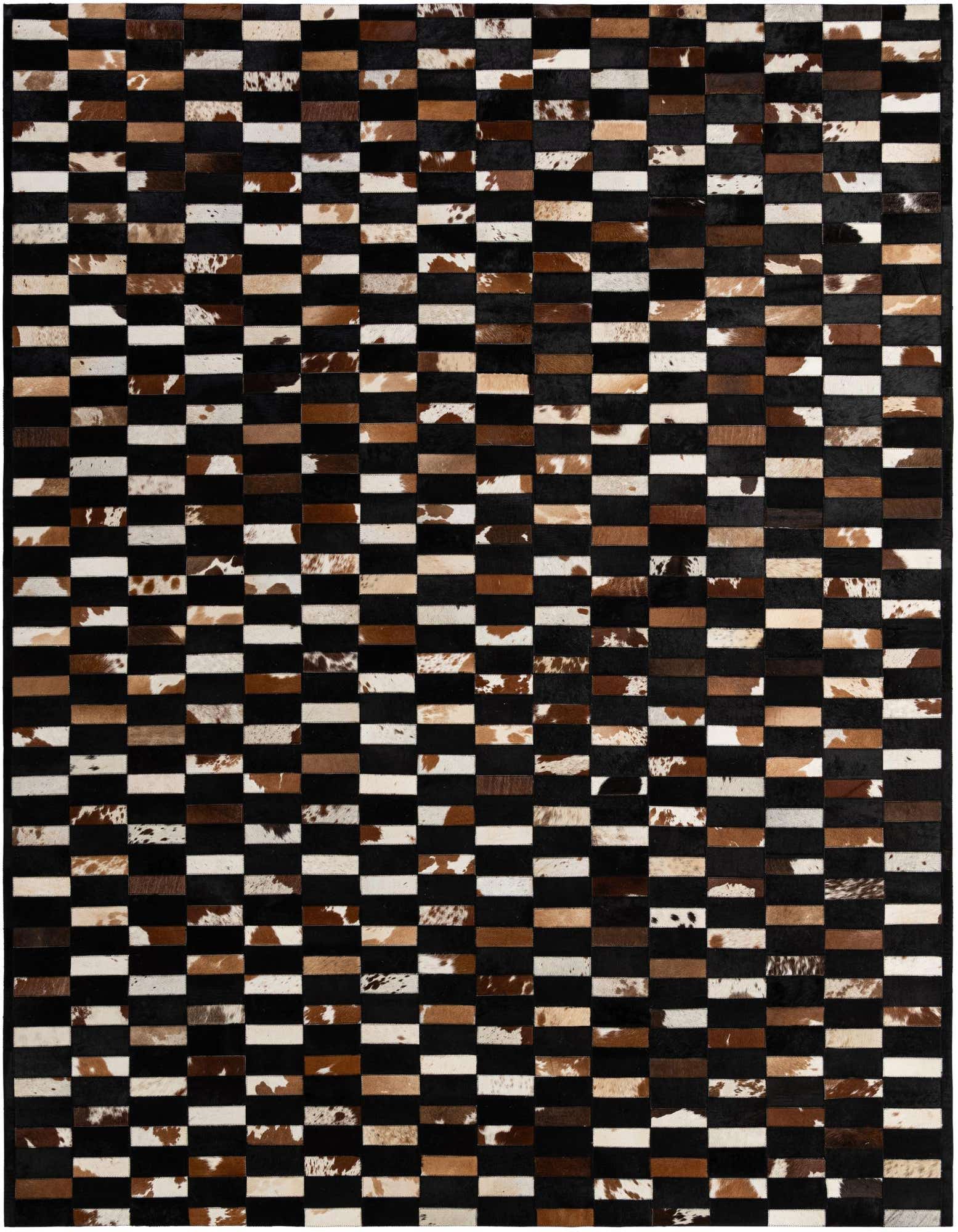 A rectangular 8x10 Cowhide Patchwork rug featuring a modern stripe pattern in multi-colored natural cowhide and black leather.