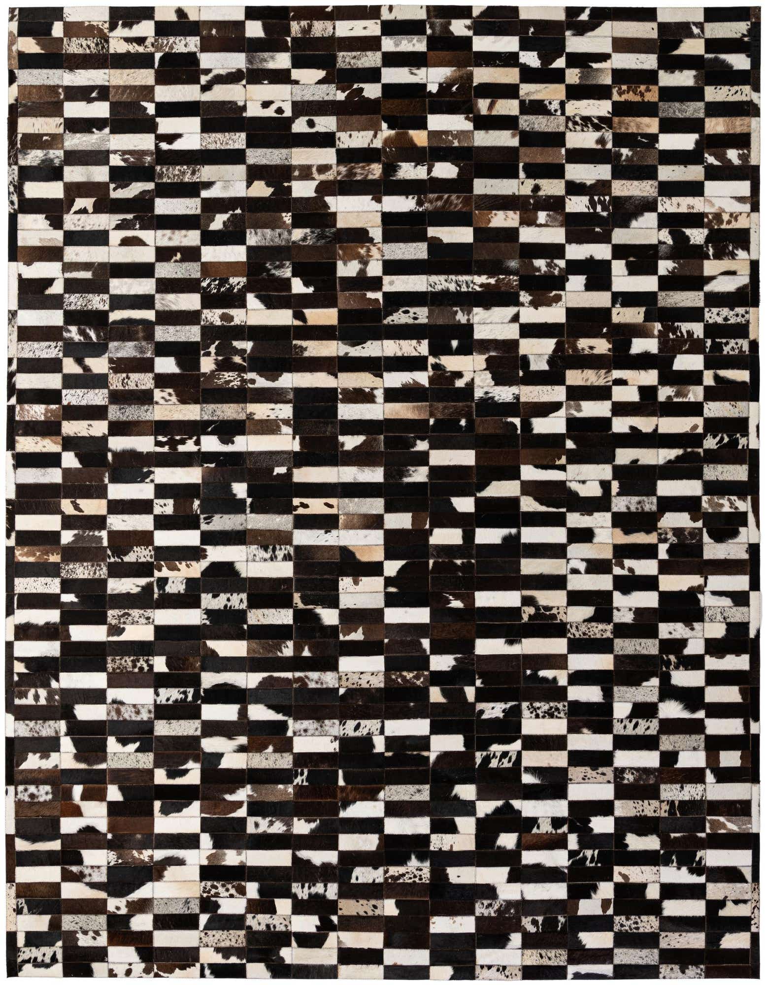 A rectangular 8x10 Cowhide Patchwork rug featuring a modern stripe pattern in multi-colored natural cowhide and leather.