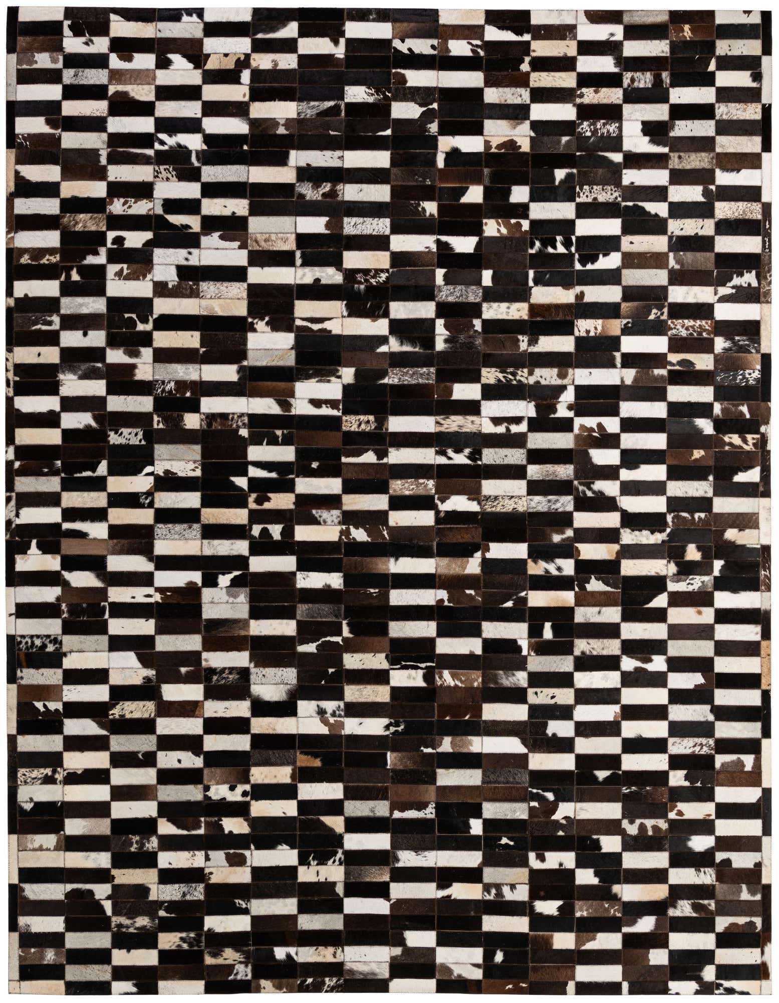 A rectangular 8x10 Cowhide Patchwork rug featuring a modern stripe pattern in multi-colored natural cowhide and leather.