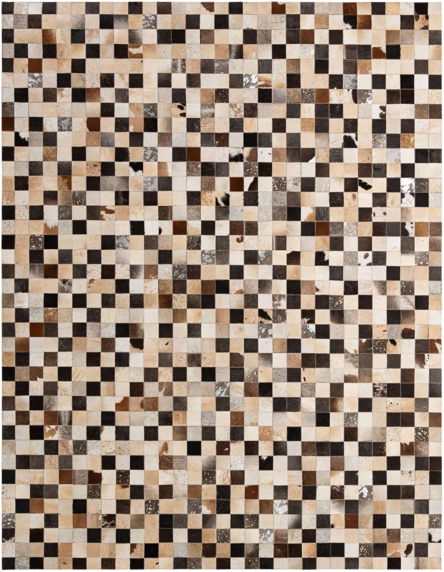 A rectangular 8x10 multi-colored cowhide patchwork rug with a modern checkered pattern, ideal for a living room.