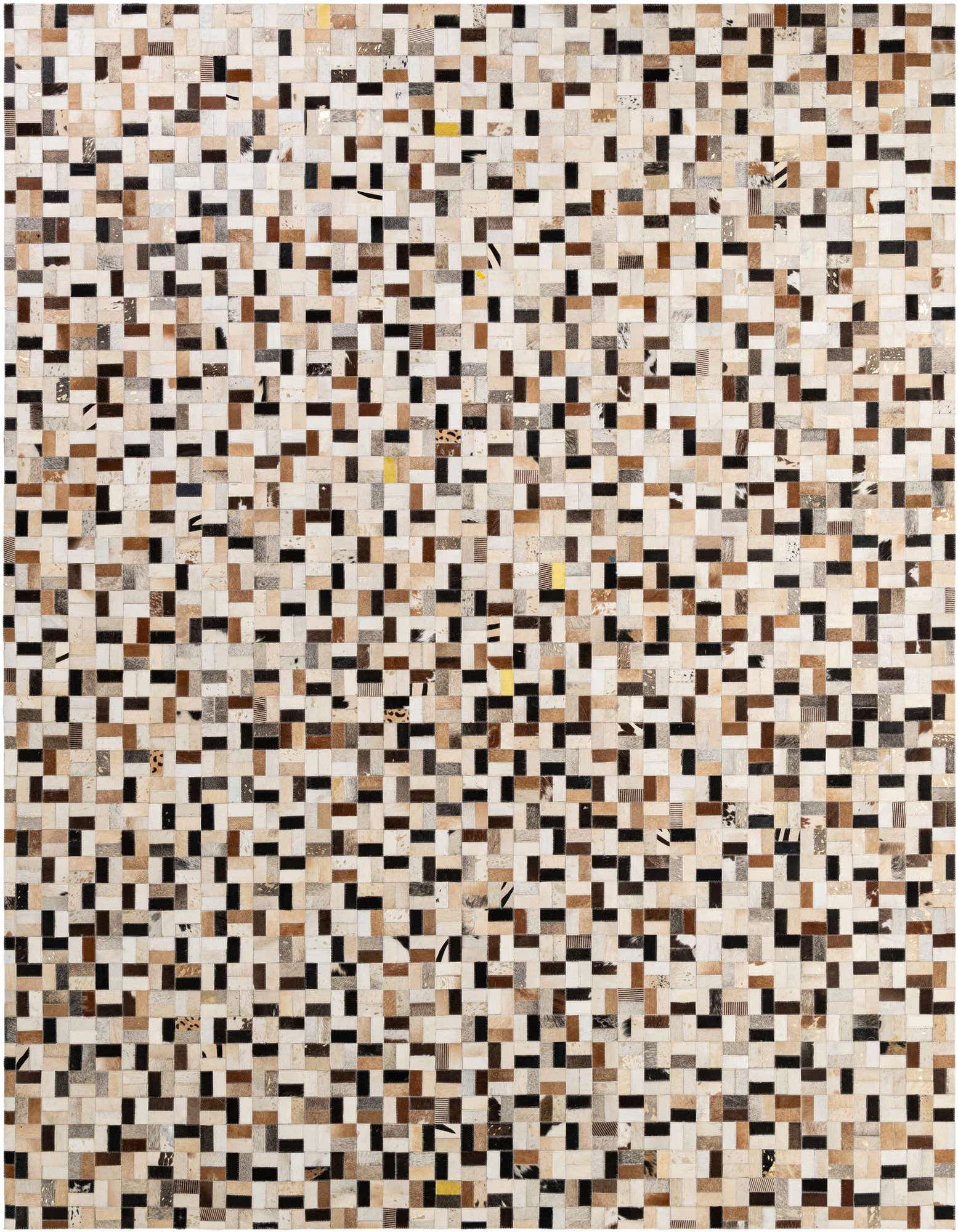 A rectangular 8x10 modern patchwork cowhide rug featuring a mosaic of multi-colored natural hide squares in varying shades of brown, black, cream, and beige.