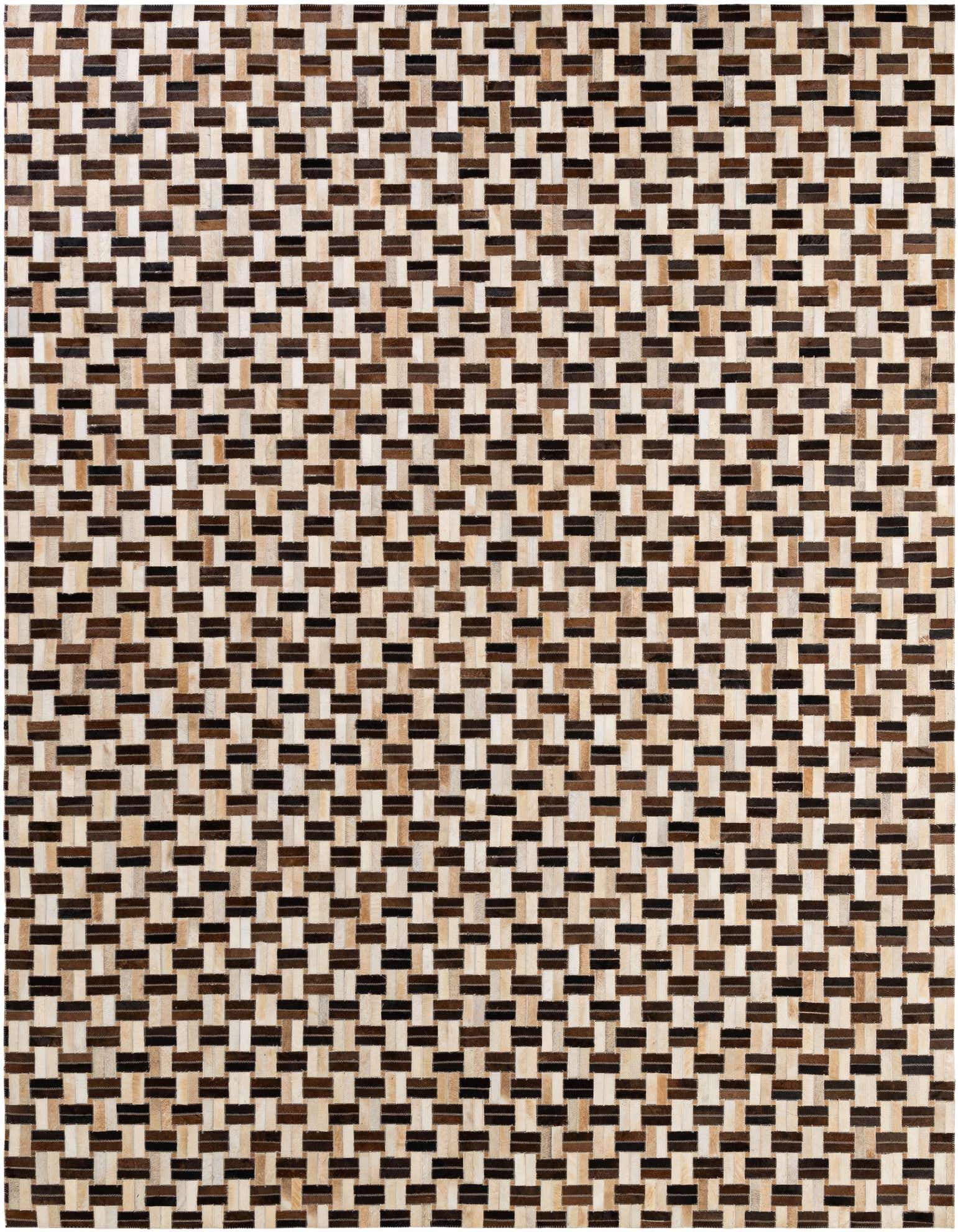 A rectangular 8x10 Cowhide Patchwork rug featuring a modern stripe pattern in multi-colored natural cowhide and leather.