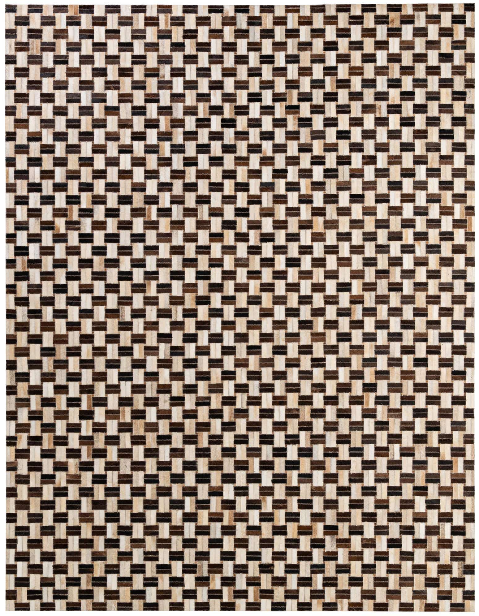 A rectangular 8x10 Cowhide Patchwork rug with a modern geometric pattern in multi-colored natural brown, black, and cream tones.