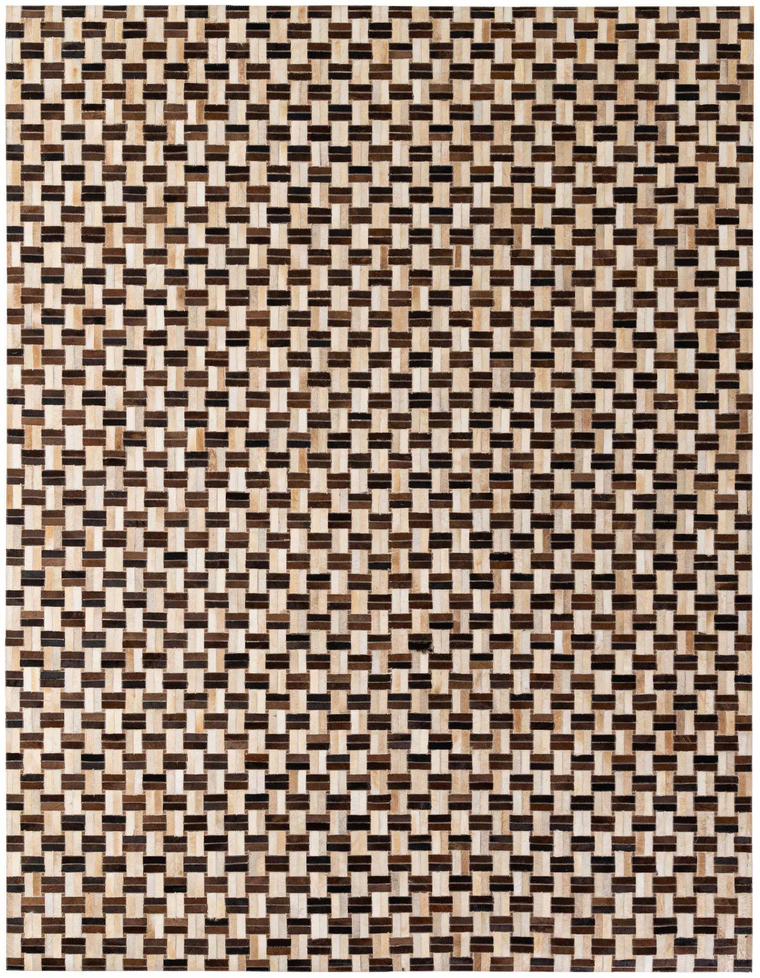 8x10 rectangular Cowhide Patchwork rug featuring a modern stripe pattern in multi-colored natural cowhide and leather.
