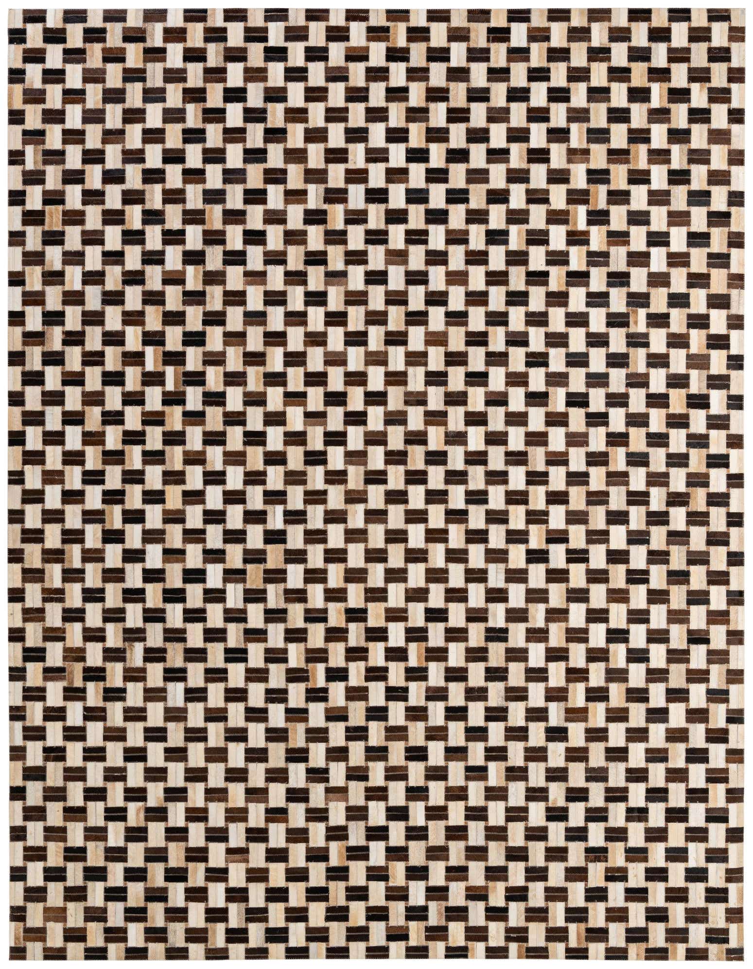 A rectangular 8x10 Cowhide Patchwork rug with a modern stripe pattern in multi-colored natural cowhide and leather.