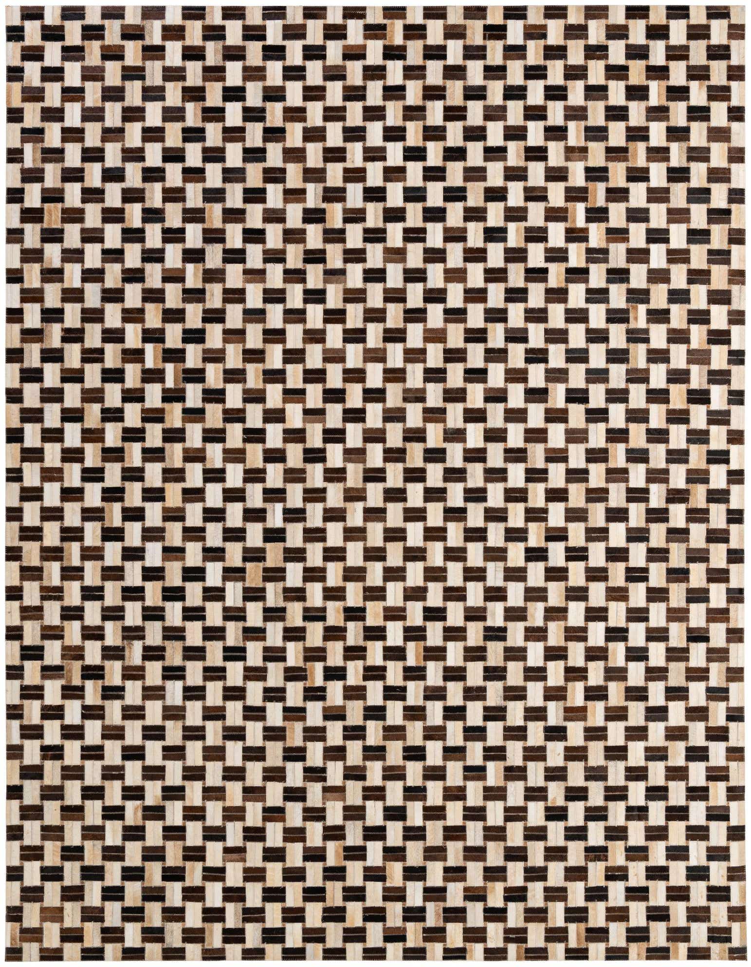 A rectangular 8x10 Cowhide Patchwork rug featuring a modern stripe pattern in multi-colored natural tones.