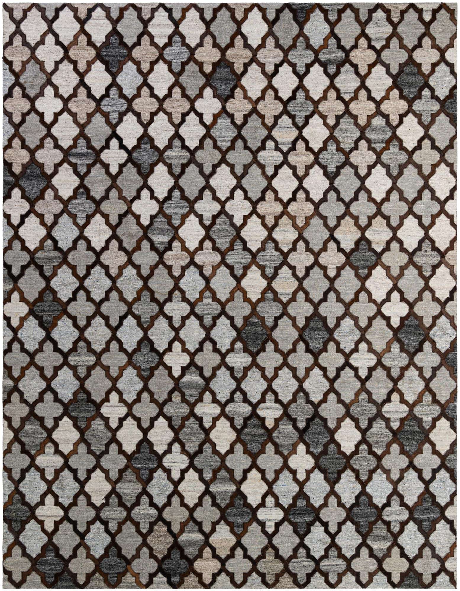 8x10 rectangular Cowhide & Leather rug featuring a modern multi-colored quatrefoil pattern in various shades of gray, white, and brown.