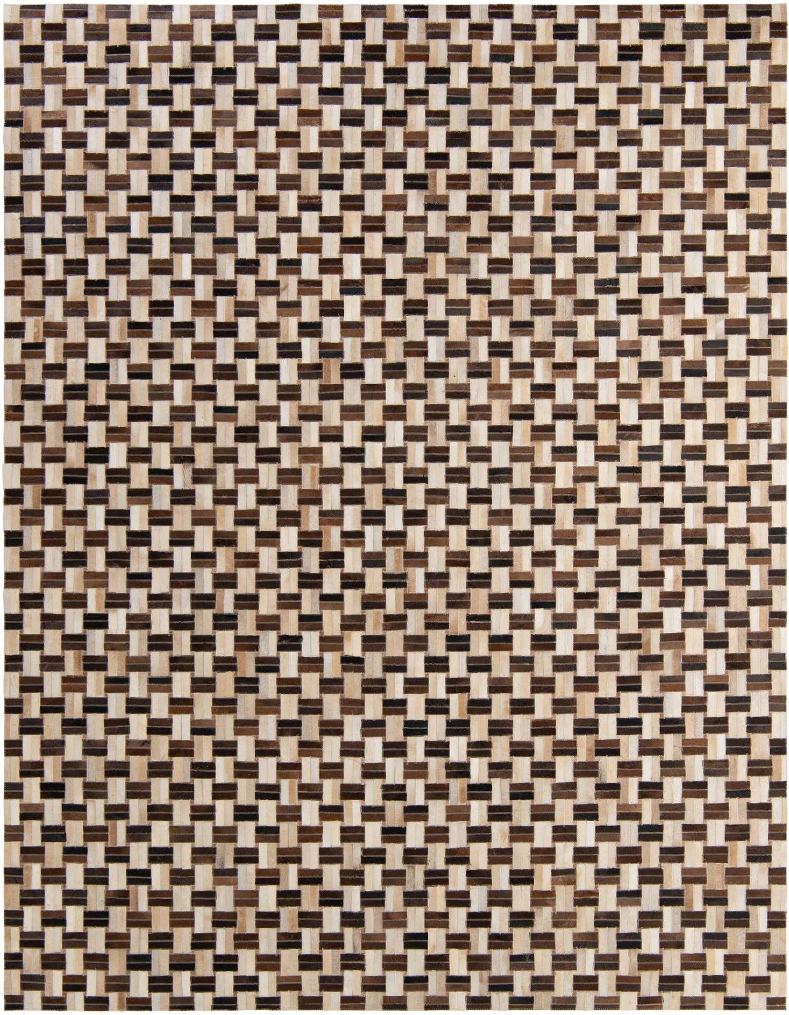 8x10 rectangular Cowhide Patchwork rug with a modern stripe pattern in multi-colored brown, black, and beige tones.