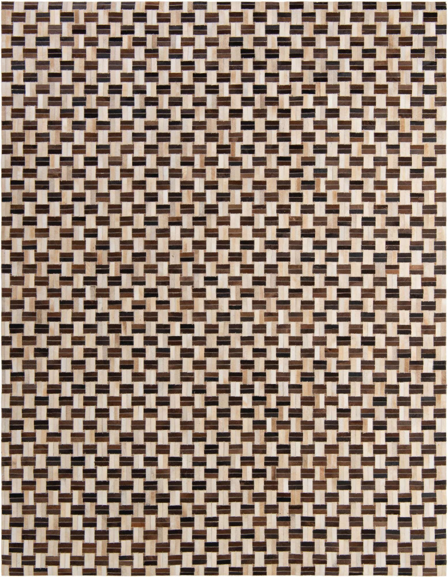 A rectangular 8x10 multi-colored cowhide patchwork rug with a modern stripe pattern, ideal for a living room.