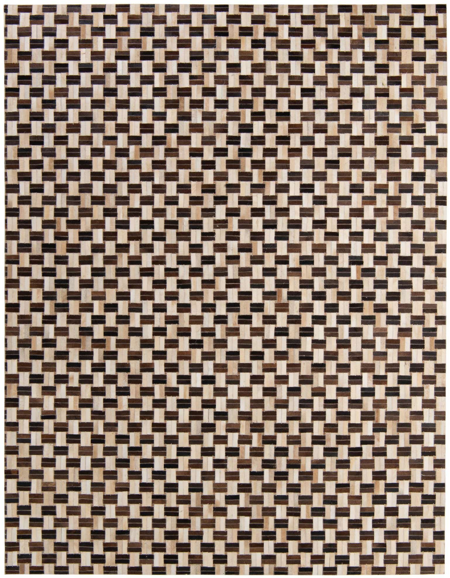 A rectangular 8x10 Cowhide Patchwork rug featuring a modern geometric pattern of multi-colored brown, black, and beige leather squares.
