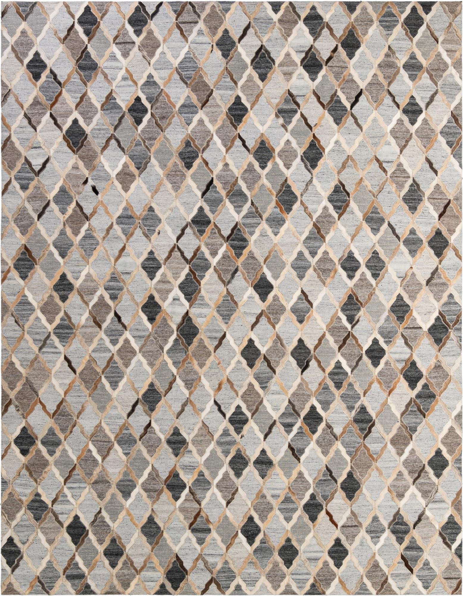 8x10 rectangular Cowhide - Patchwork rug featuring a modern multi-colored geometric pattern in shades of gray, brown, and cream.