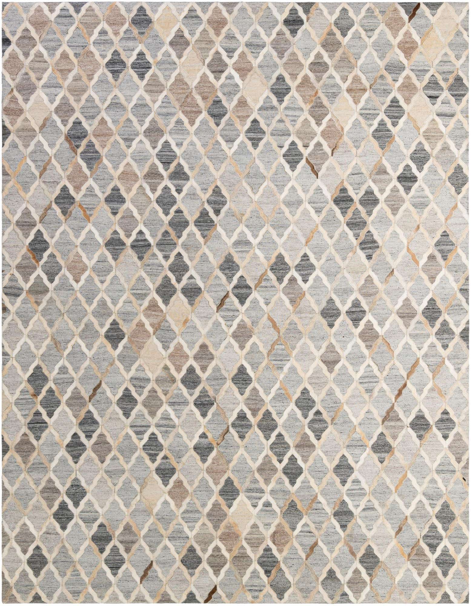 A rectangular 8x10 Cowhide & Leather rug featuring a multi-colored modern geometric pattern with shades of grey, brown, and cream.