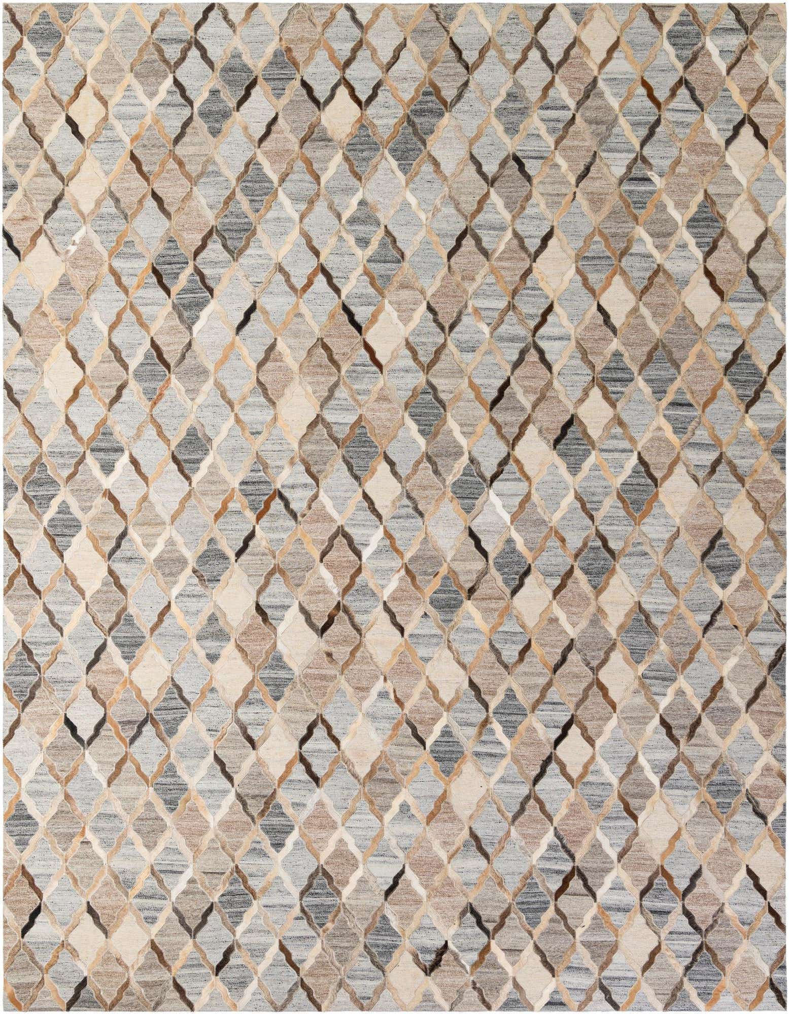 A rectangular 8x10 multi-colored cowhide rug with a modern patchwork pattern of light blue, grey, brown, and cream diamond shapes.