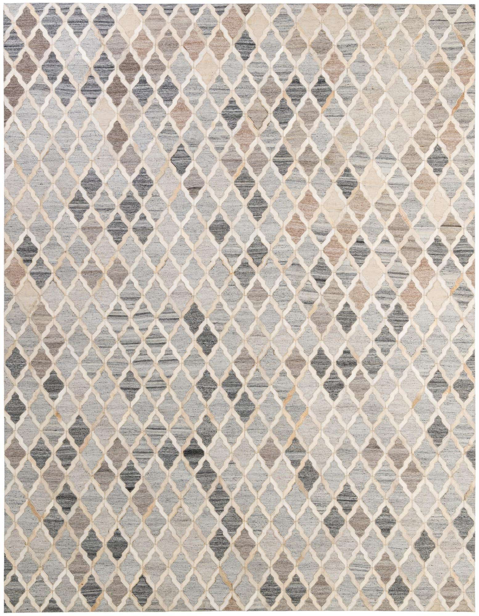 A rectangular 8x10 multi-colored modern cowhide rug with an intricate geometric trellis pattern, suitable for a living room.