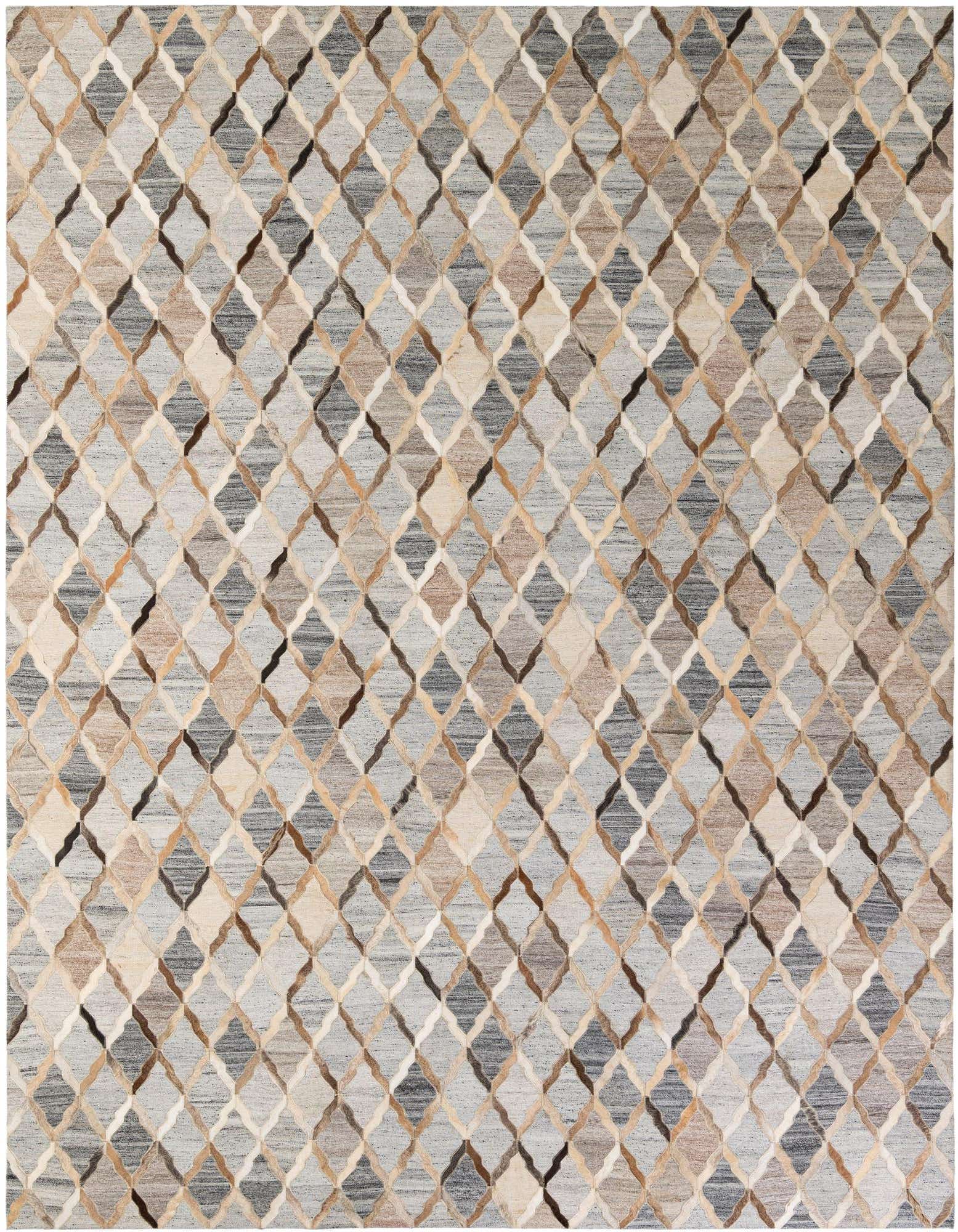 A rectangular 8x10 Cowhide Patchwork rug featuring a modern geometric pattern in multi-colored shades of grey, beige, and brown.