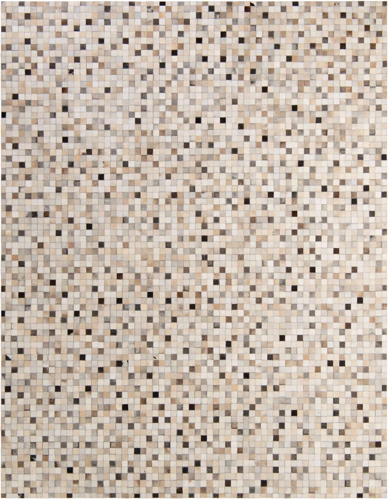 A rectangular 8x10 Cowhide Patchwork rug featuring a mosaic of small, varied squares in multi-colored natural tones, including cream, beige, brown, and black.