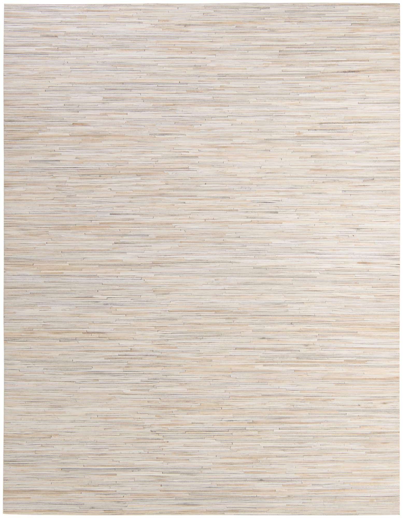A rectangular 8x10 Cowhide Patchwork rug from Rugs.com, featuring a modern stripe pattern in multi-colored natural tones.
