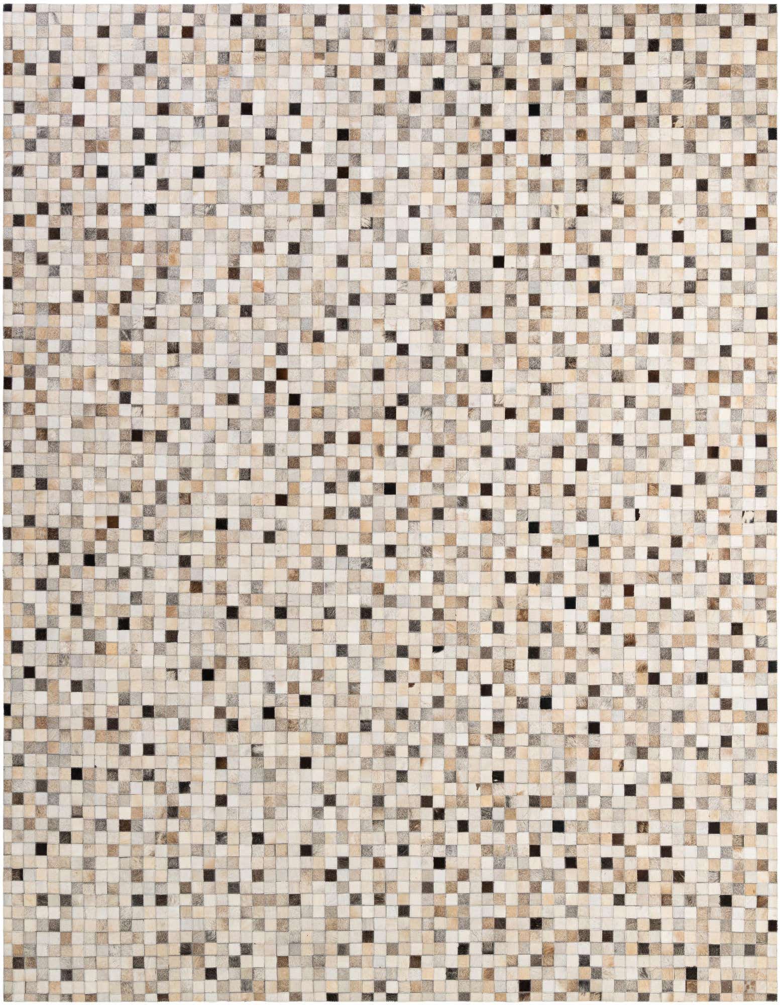 A rectangular 8x10 Cowhide Patchwork rug featuring a mosaic of multi-colored squares in natural brown, beige, and black tones.