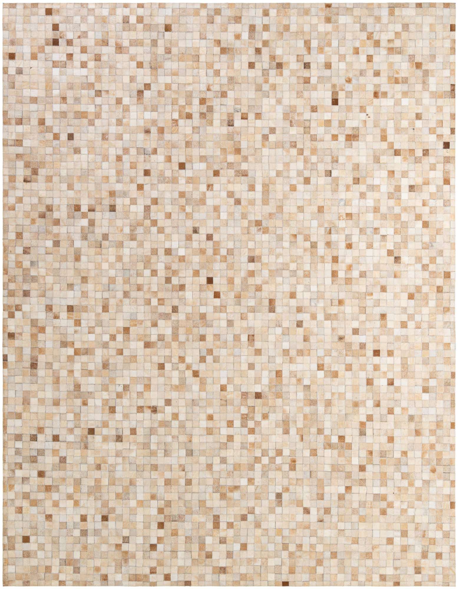 A rectangular 8x10 modern cowhide rug featuring a mosaic patchwork of multi-colored natural hide squares in varying shades of beige, cream, and brown.