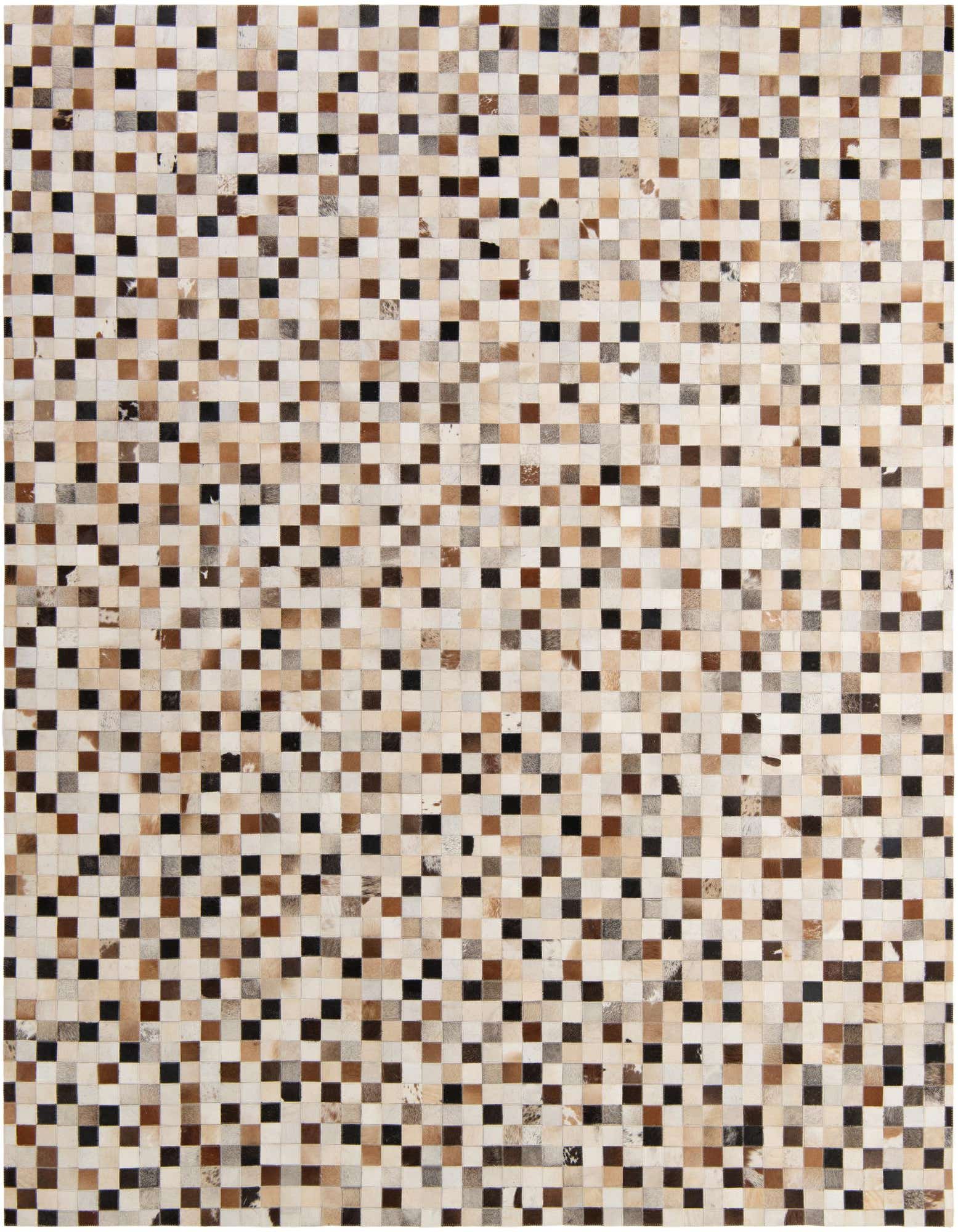 A rectangular 8x10 cowhide patchwork rug featuring a modern mosaic pattern of multi-colored squares in varying shades of brown, black, and cream.