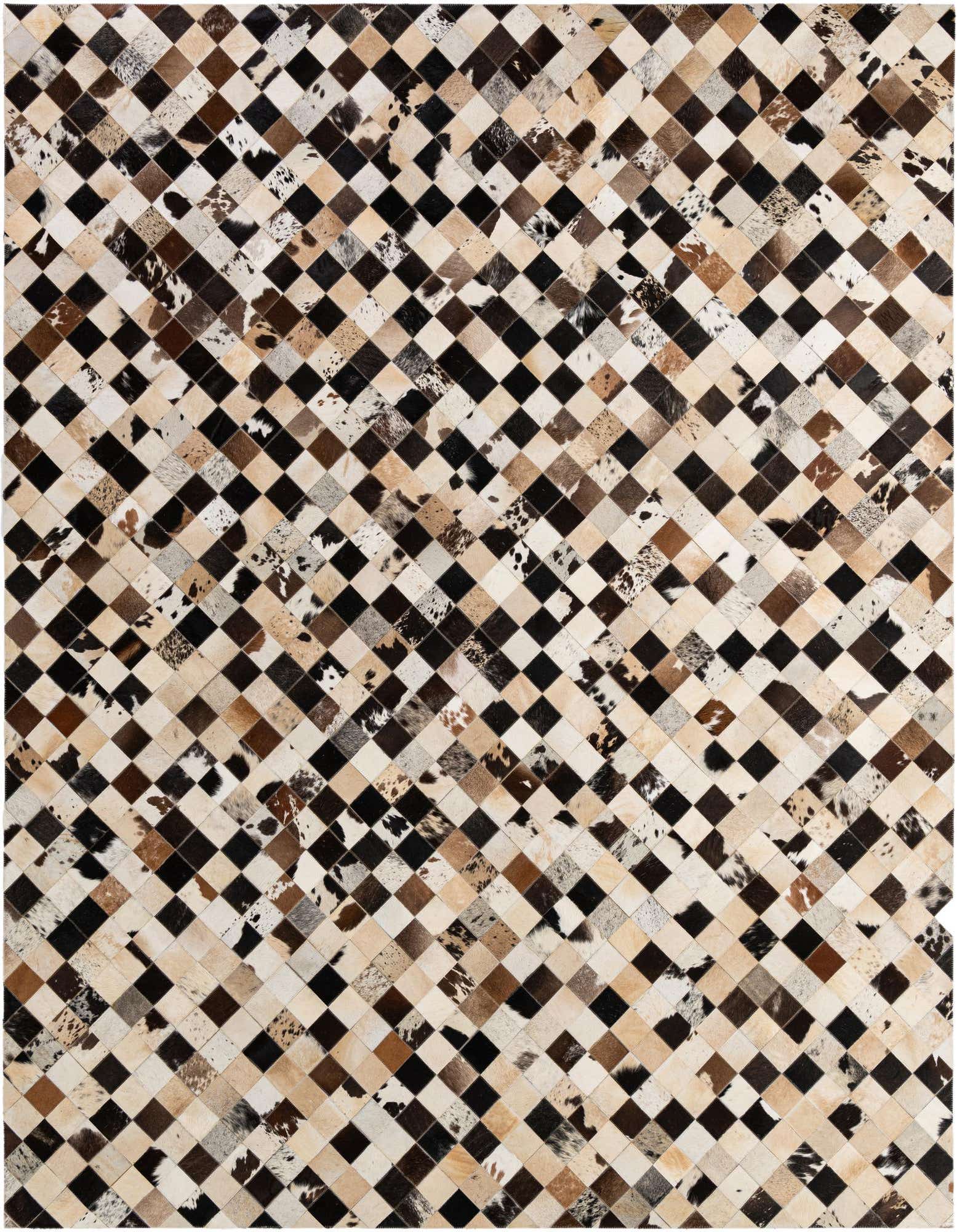 A rectangular 8x10 modern cowhide rug with a patchwork diamond pattern in multi-colored natural tones.