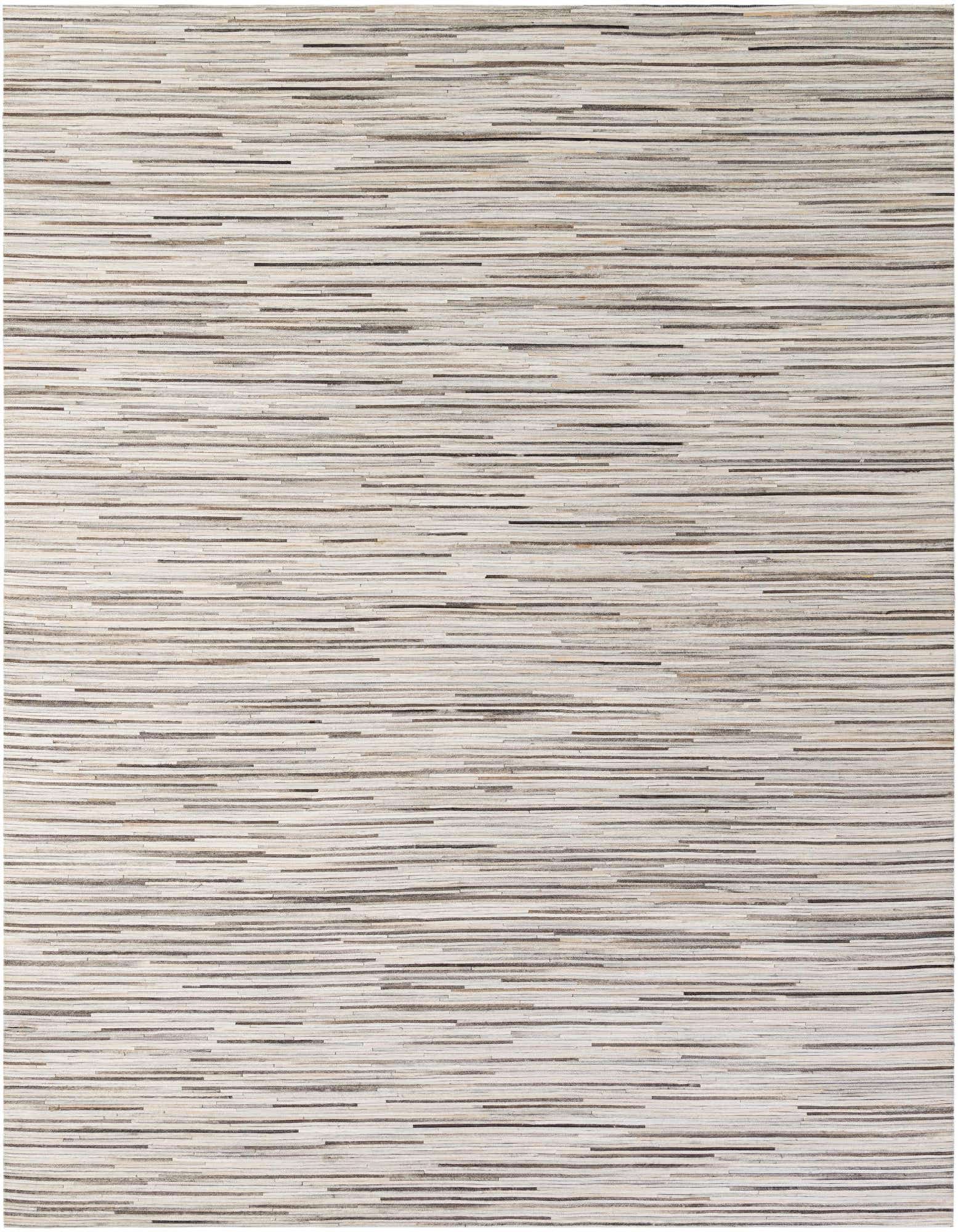 A rectangular 8x10 Cowhide & Leather rug featuring a modern stripe pattern in multi-colored natural hues, ideal for a living room.