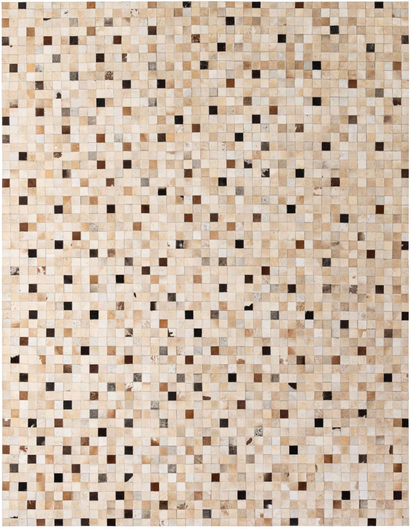 8x10 rectangular Cowhide Patchwork rug featuring a modern mosaic pattern of multi-colored natural cowhide squares in varying shades of brown, beige, and black.