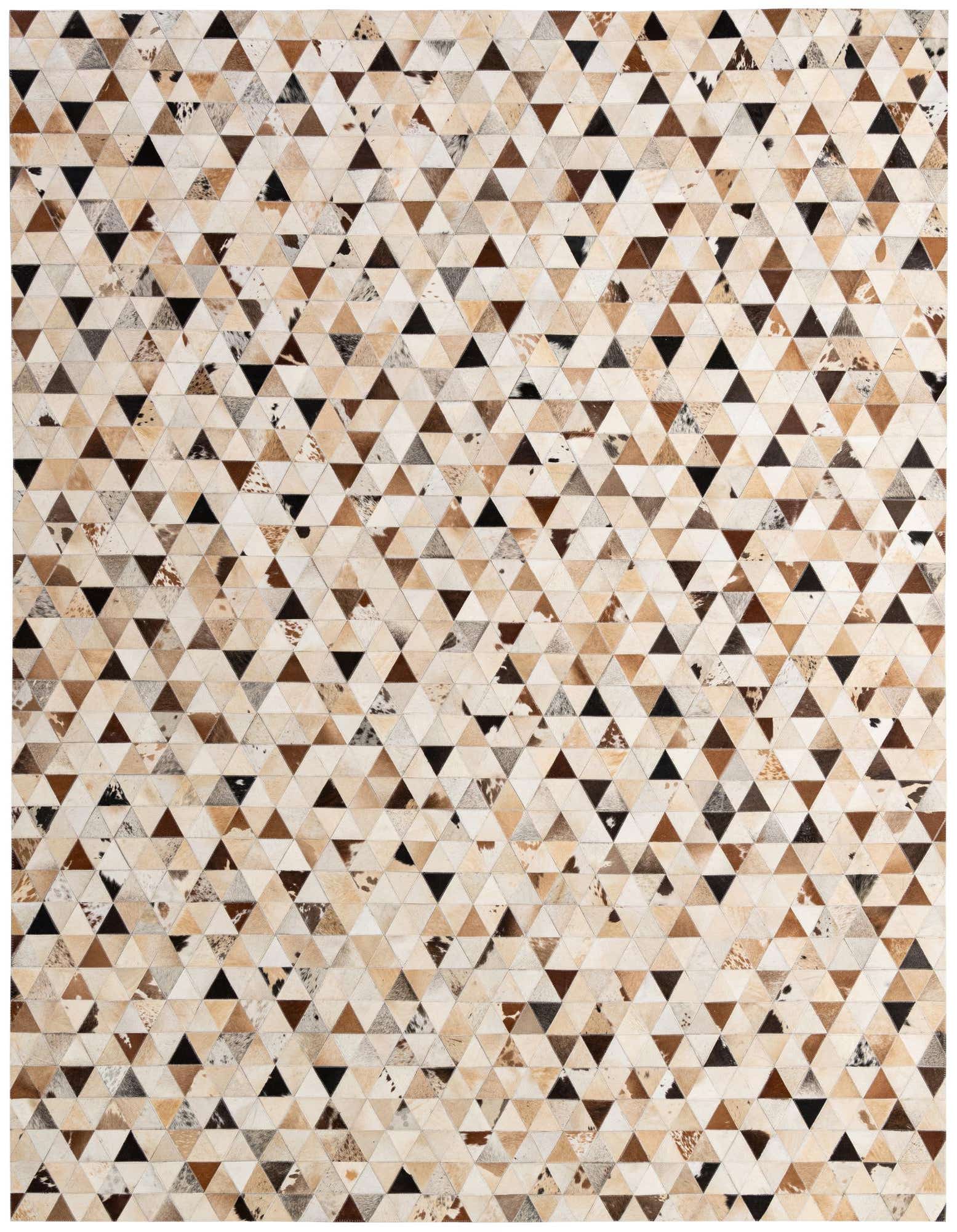 8x10 rectangular Cowhide - Patchwork rug featuring a modern geometric pattern of multi-colored natural cowhide triangles.