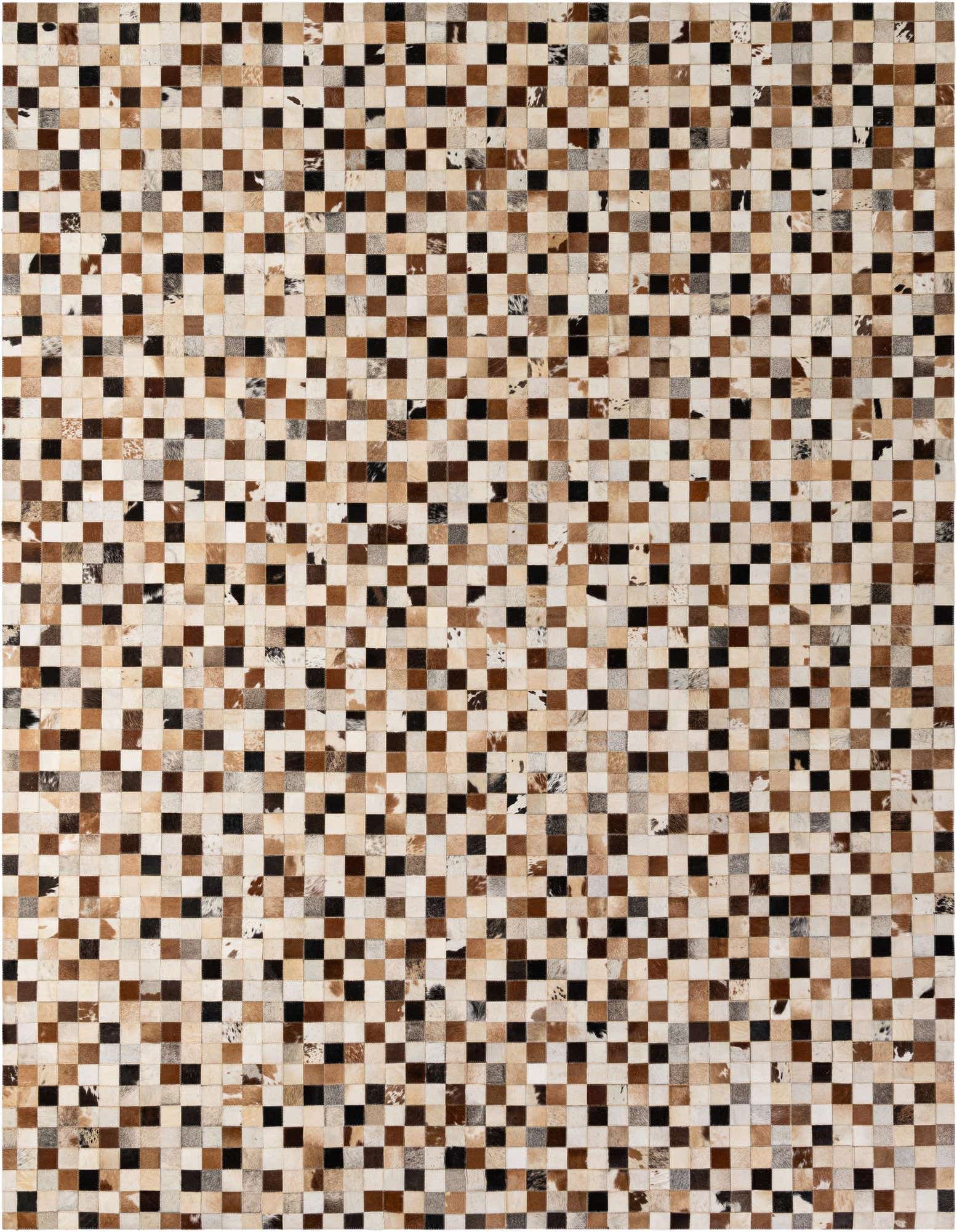 A rectangular 8x10 multi-colored modern cowhide rug with a patchwork design of varying brown, black, and cream squares.