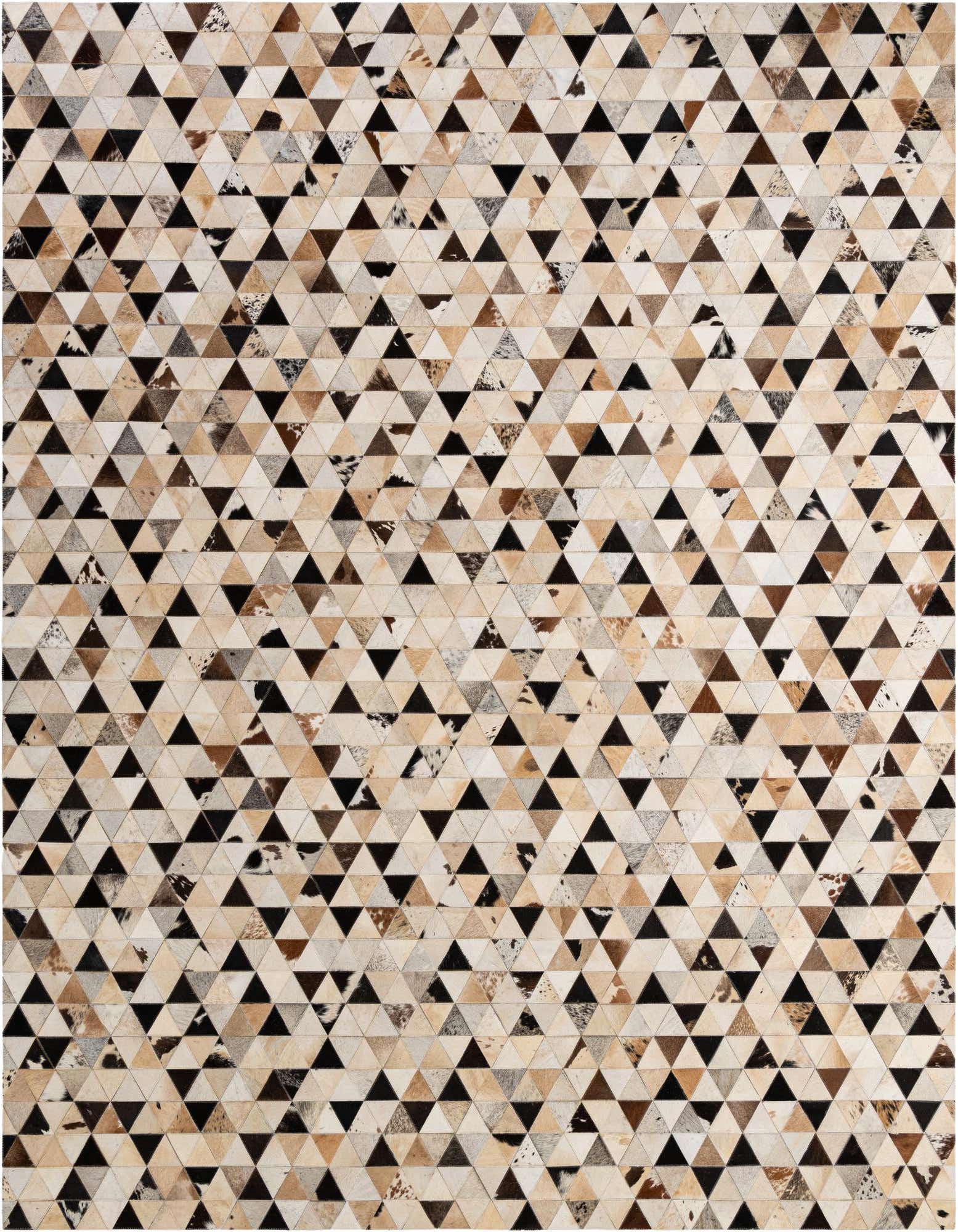 A rectangular 8x10 modern cowhide rug featuring a geometric patchwork of multi-colored triangles in black, brown, cream, and white tones.