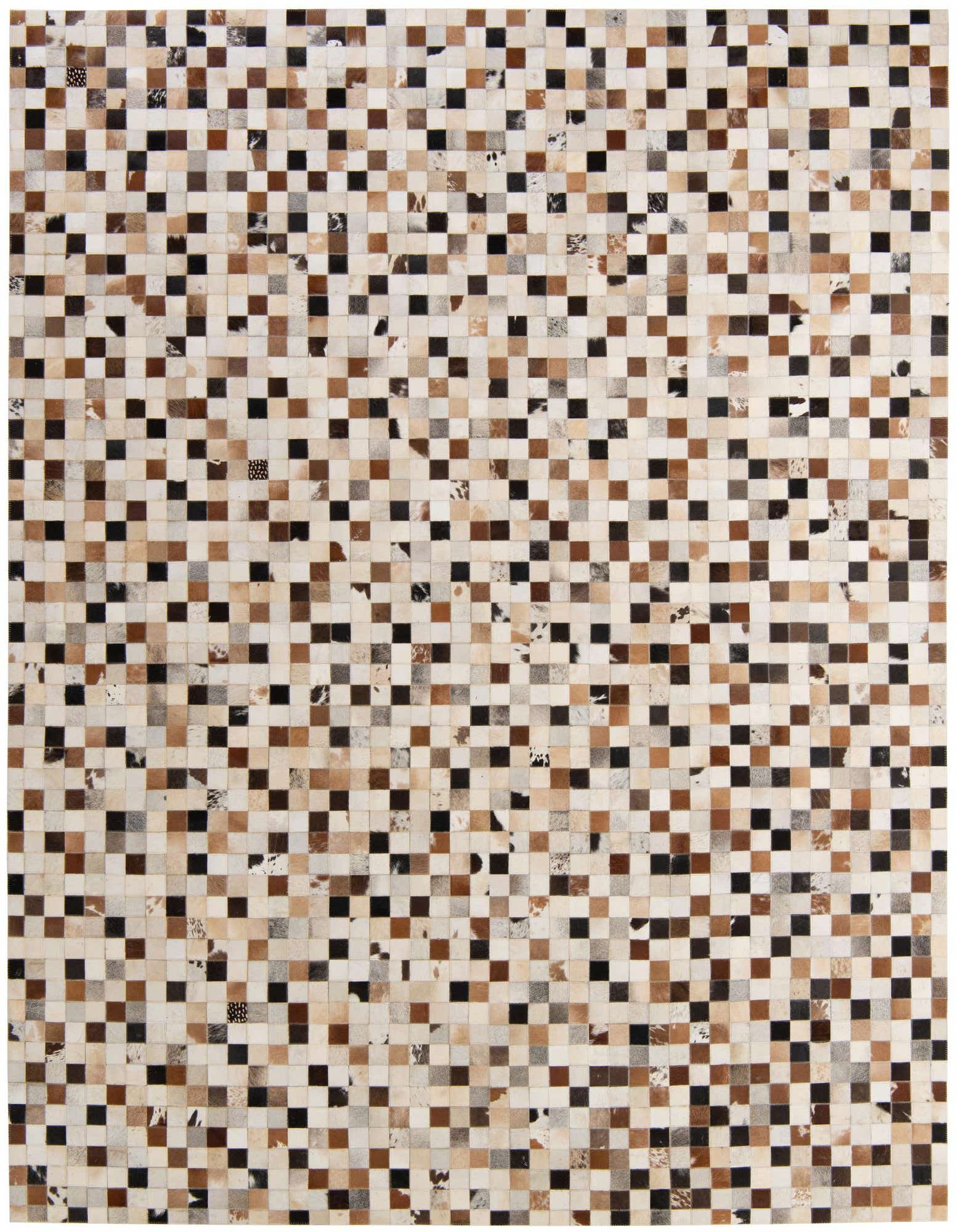A rectangular 8x10 multi-colored cowhide patchwork rug with a modern pattern of small squares in varying shades of brown, black, and cream.
