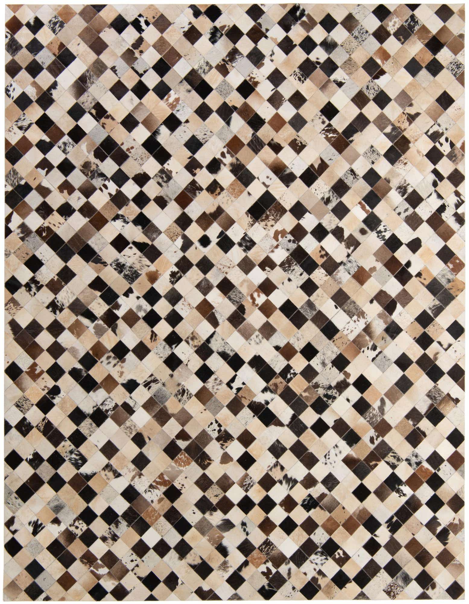 A rectangular 8x10 multi-colored cowhide rug featuring a modern patchwork diamond pattern in various natural brown, black, and white tones.