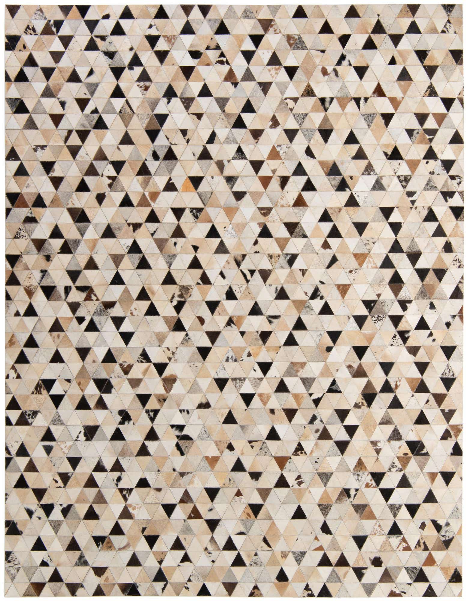 A rectangular 8x10 multi-colored modern cowhide rug with a geometric patchwork of various natural hide triangles in shades of cream, brown, and black.