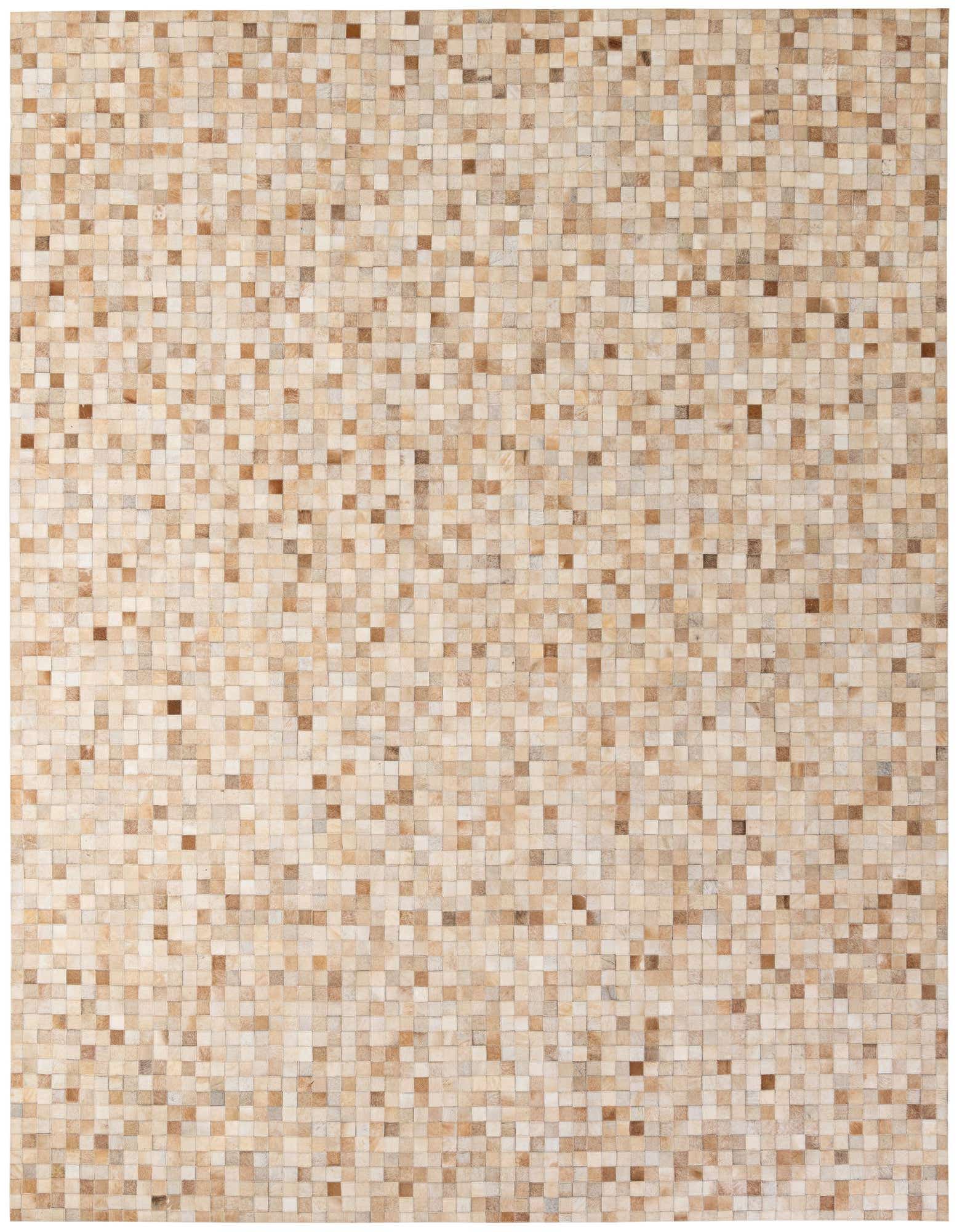 A rectangular 8x10 multi-colored cowhide patchwork rug with a modern design, featuring small squares of varying natural light and dark brown tones.