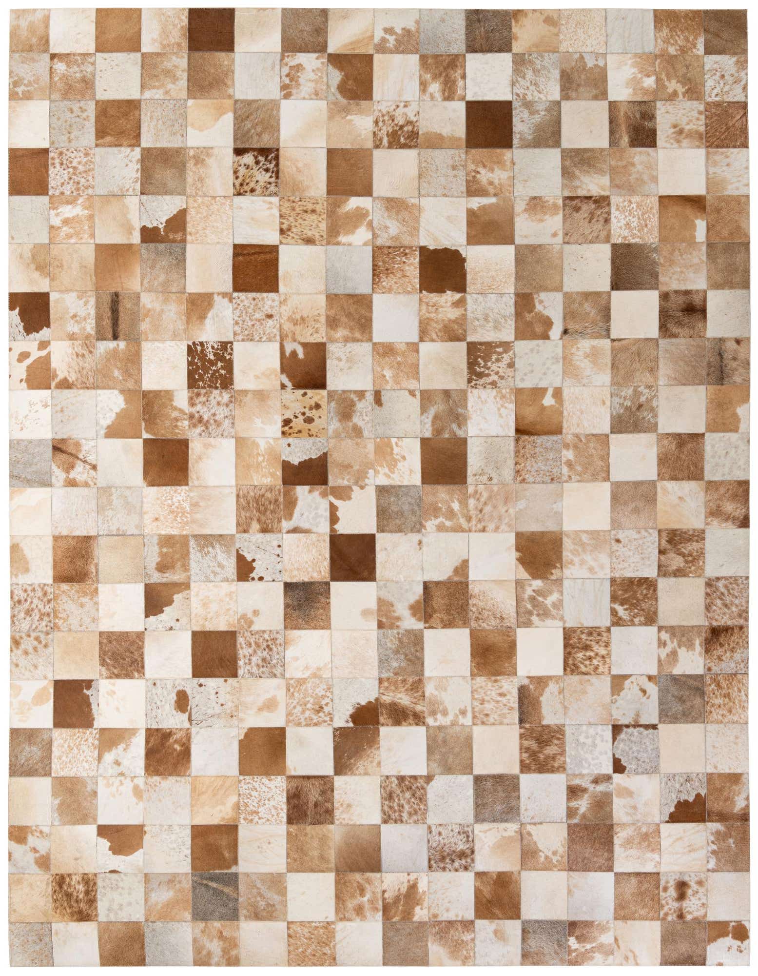 A rectangular 8x10 Cowhide Patchwork rug featuring a modern checkered pattern in various shades of brown, beige, and white.