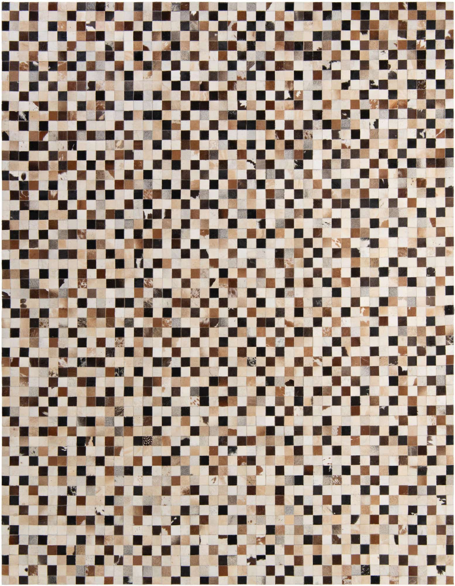 A rectangular 8x10 multi-colored cowhide patchwork rug with a modern checkerboard pattern, perfect for a living room.