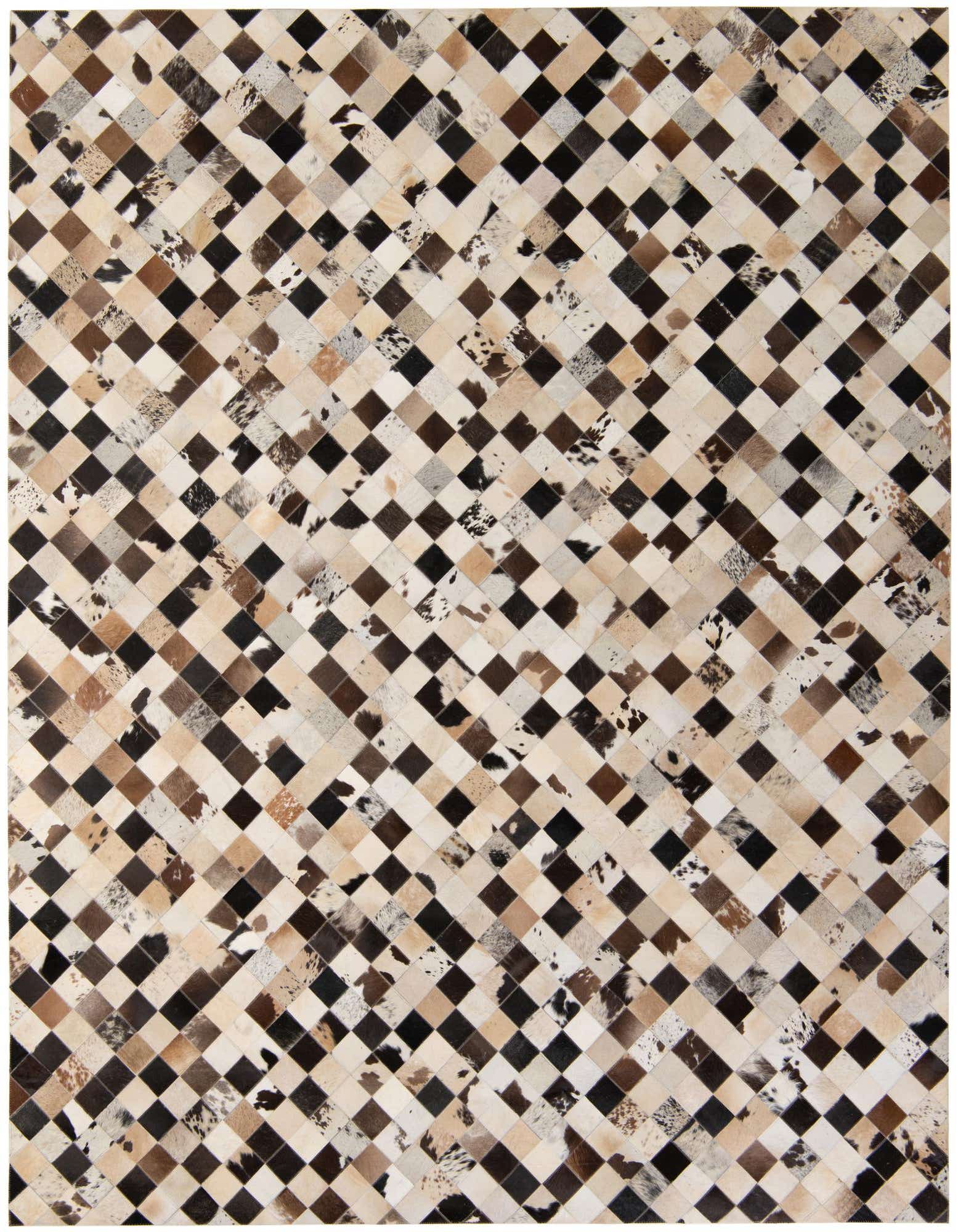 A rectangular 8x10 multi-colored cowhide patchwork rug featuring a modern diamond pattern in varying shades of brown, black, and cream.