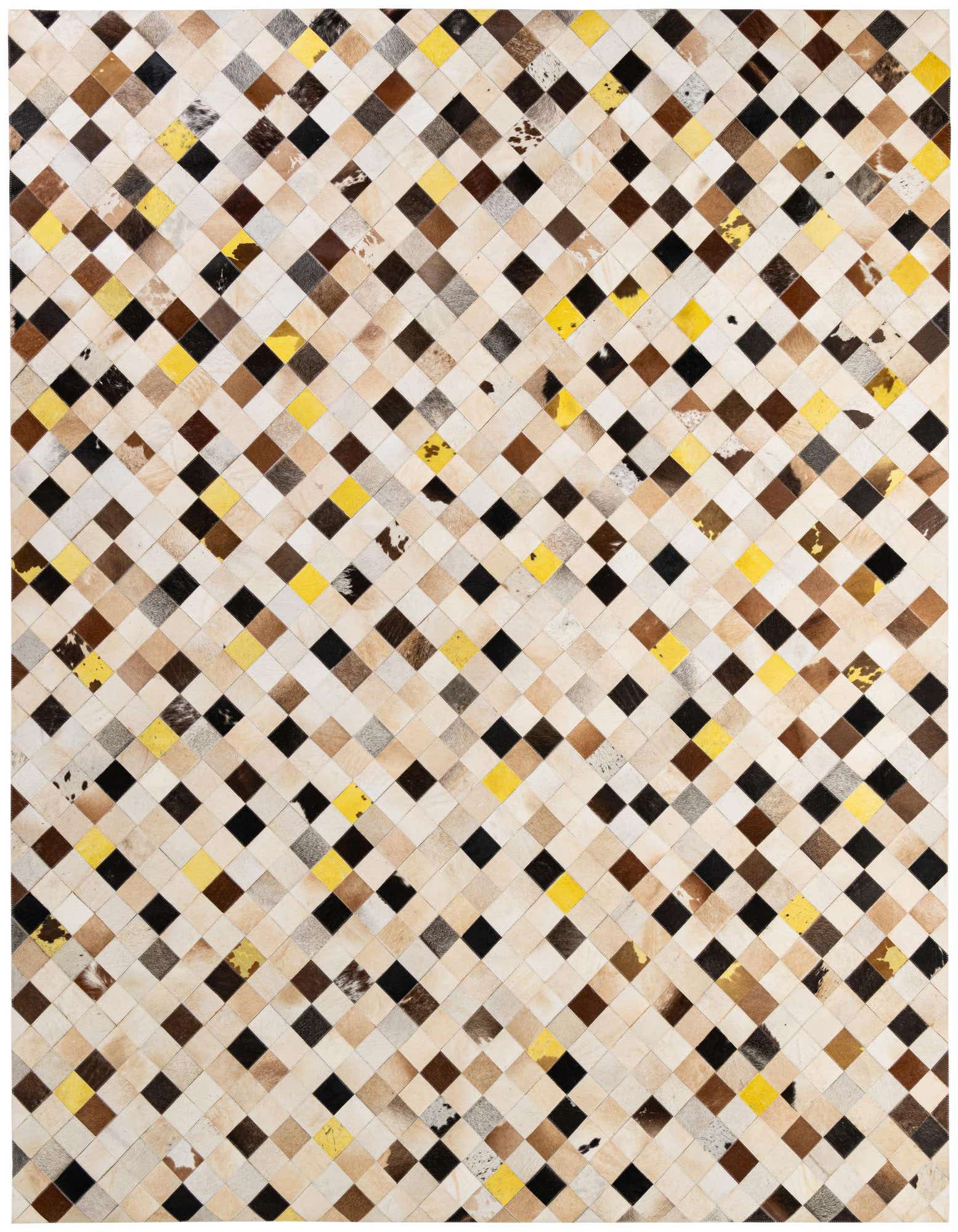 A rectangular 8x10 cowhide patchwork rug featuring a modern diamond pattern in shades of brown, black, cream, and yellow.
