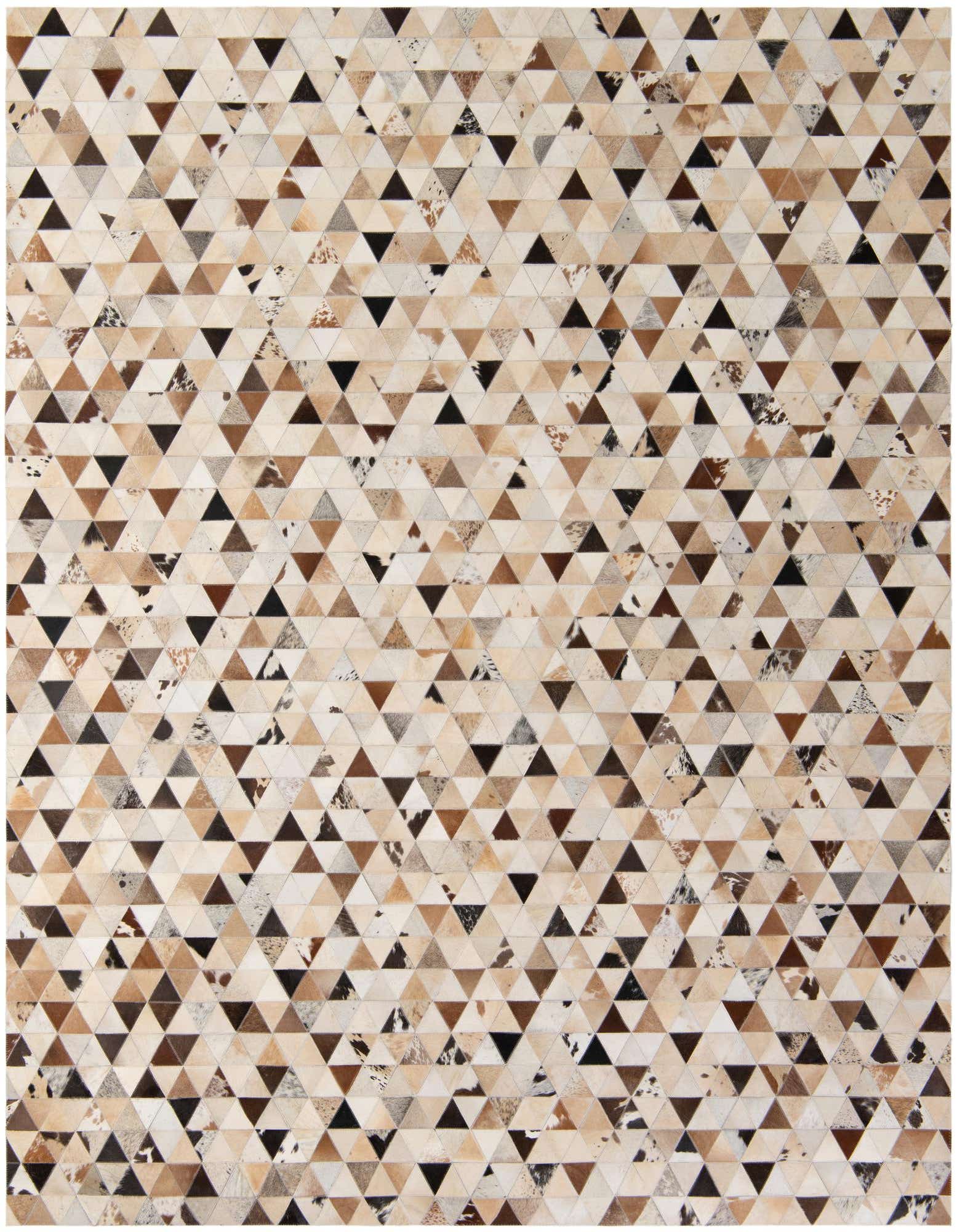 A rectangular 8x10 modern cowhide rug featuring a patchwork of multi-colored triangular leather pieces in various shades of brown, beige, and black.