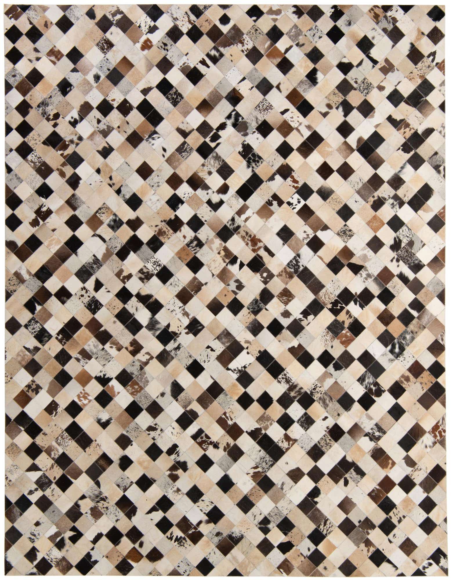A rectangular 8x10 multi-colored cowhide rug featuring a modern patchwork diamond pattern in various natural hide tones.