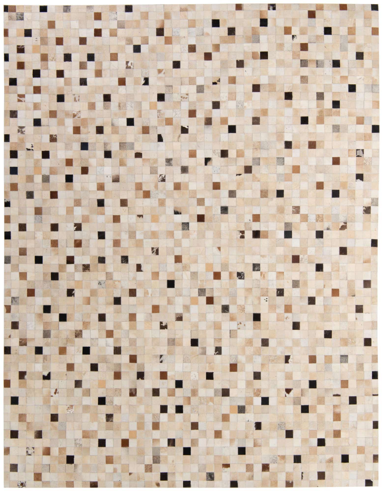 A rectangular 8x10 Cowhide Patchwork rug featuring a modern pattern of small squares in varying shades of beige, brown, and black.