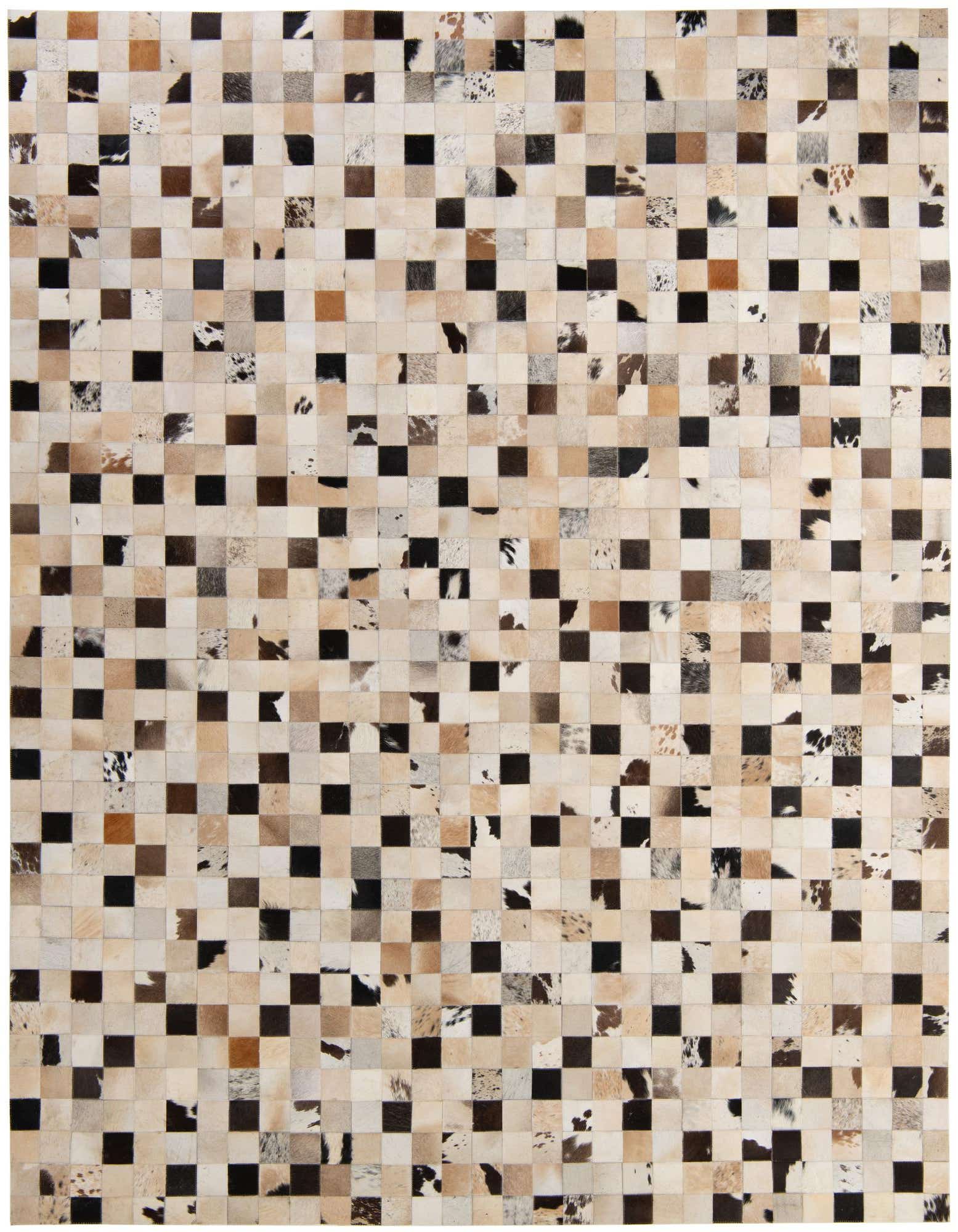 8x10 rectangular Cowhide Patchwork rug featuring a modern grid pattern of multi-colored squares in natural cowhide and black.