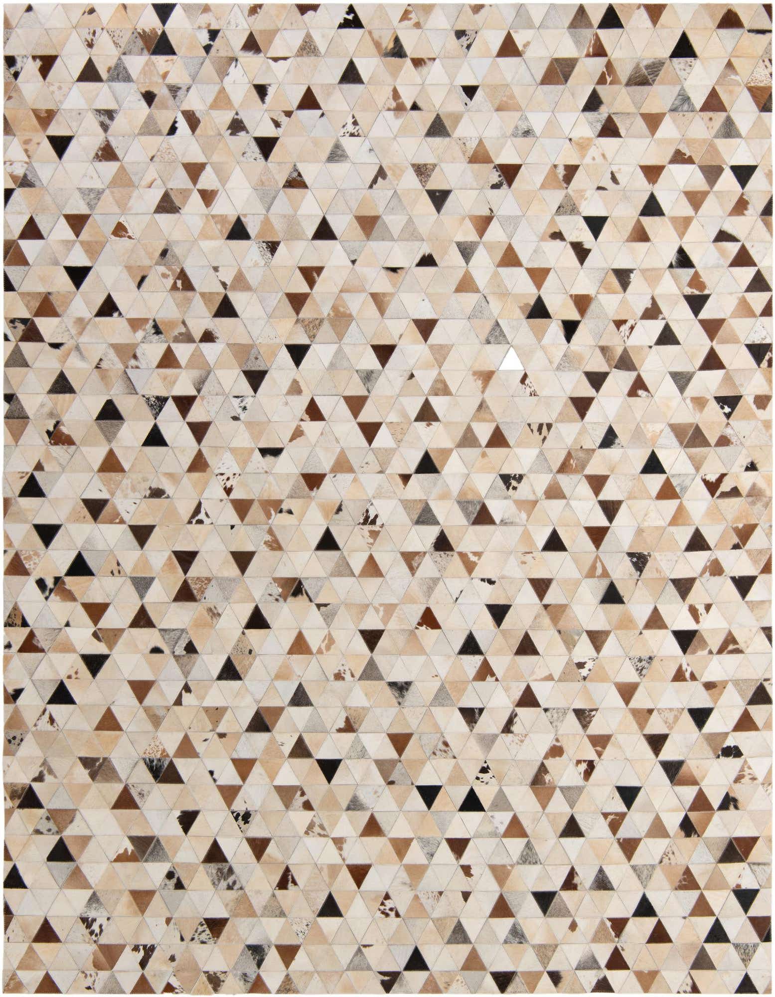 A rectangular 8x10 modern cowhide rug with a patchwork of multi-colored triangular leather pieces in varying shades of brown, beige, and black.