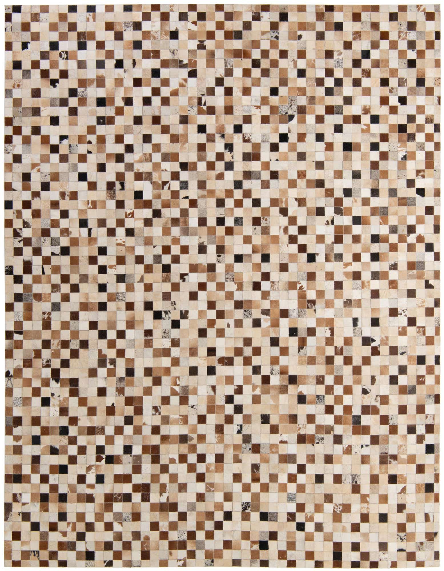 A rectangular 8x10 Cowhide Patchwork rug featuring a modern mosaic of multi-colored brown, beige, and black squares.