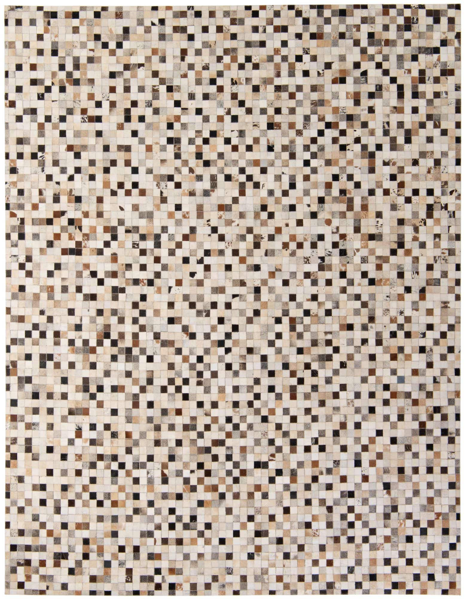 A rectangular 8x10 multi-colored cowhide patchwork rug with a modern design, featuring small squares of varying natural hide tones.