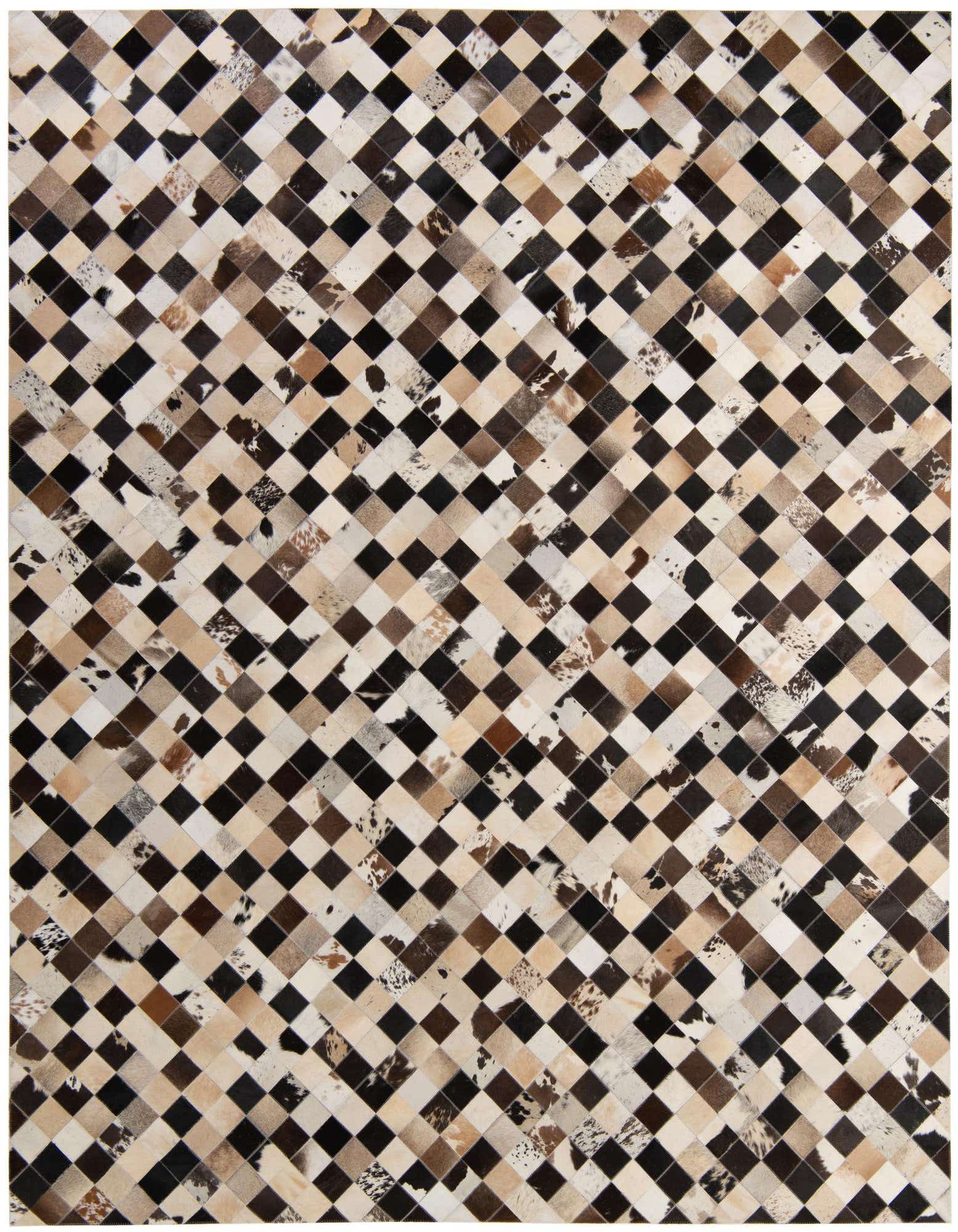 A rectangular 8x10 Cowhide Patchwork rug featuring a modern diamond pattern in varied shades of black, brown, cream, and white.