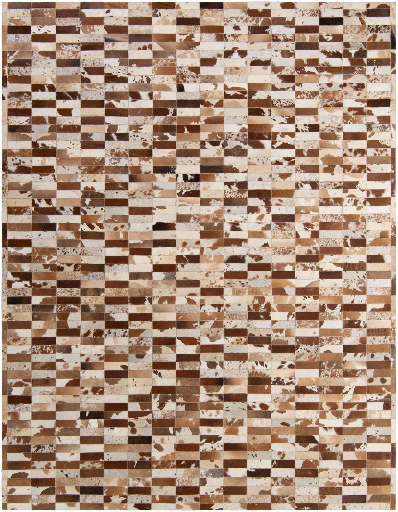 A rectangular 8x10 Cowhide Patchwork rug featuring a modern striped pattern in various shades of brown, white, and cream.