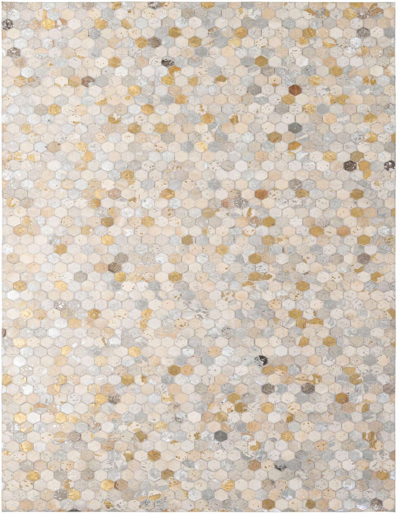 A rectangular 5x8 modern cowhide rug featuring a patchwork of multi-colored hexagonal pieces in cream, beige, gold, and gray tones.