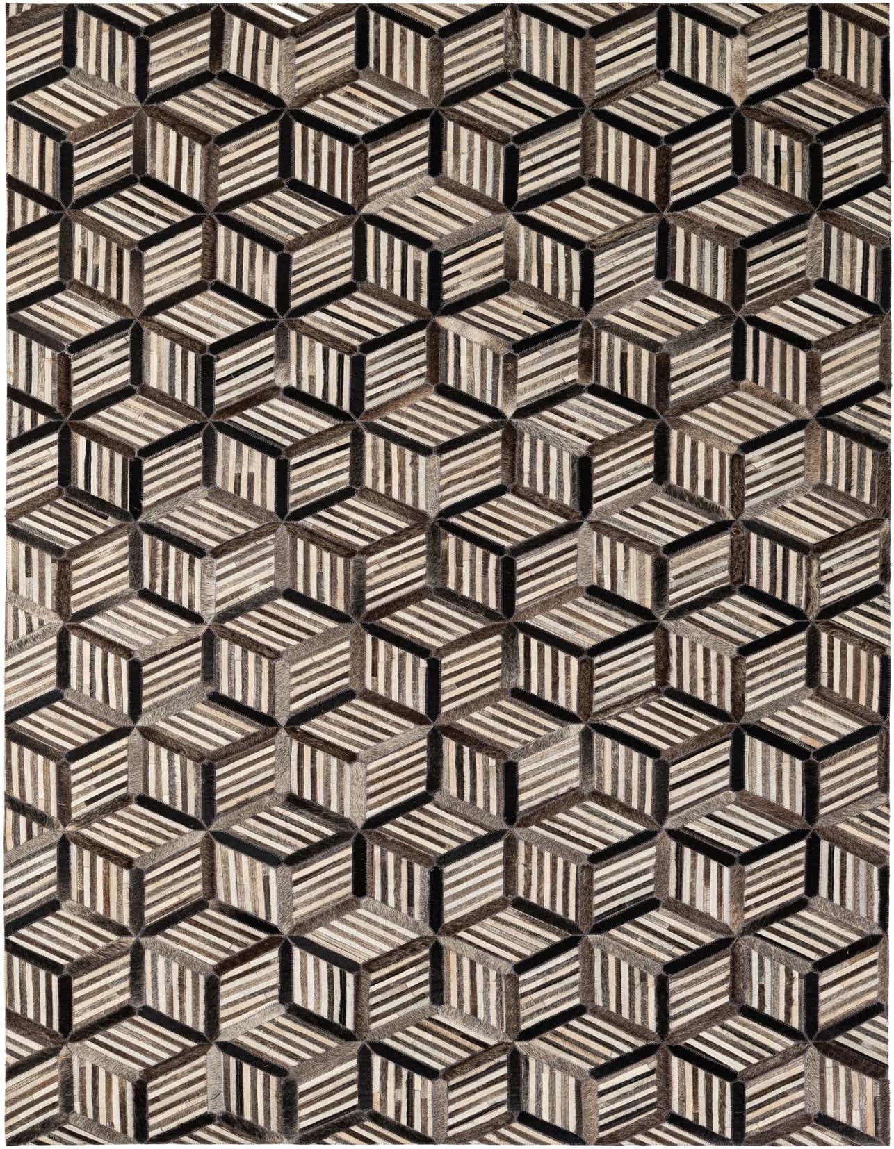 A 5x8 rectangular Cowhide Patchwork rug featuring a modern geometric cube pattern in multi-colored stripes.